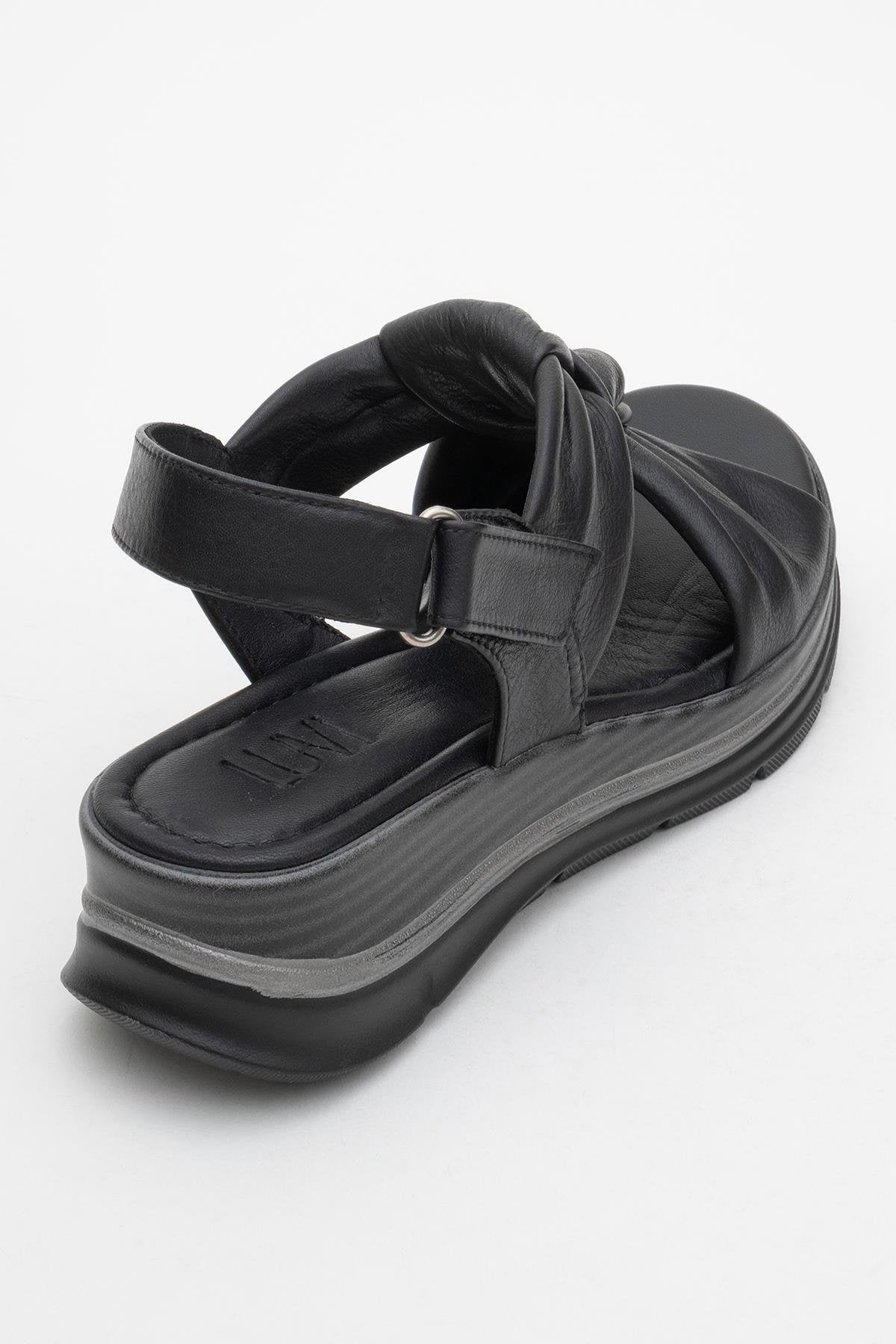 Oara - Black Leather Sandal – back view showing leather, black, Vowalisse