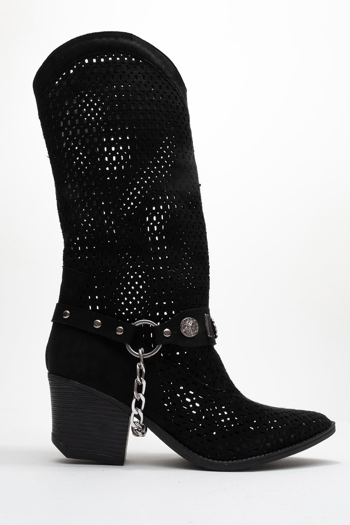 Liza Black Block Heel Western Boot – product view 10 showing leather, black, red, Vowalisse