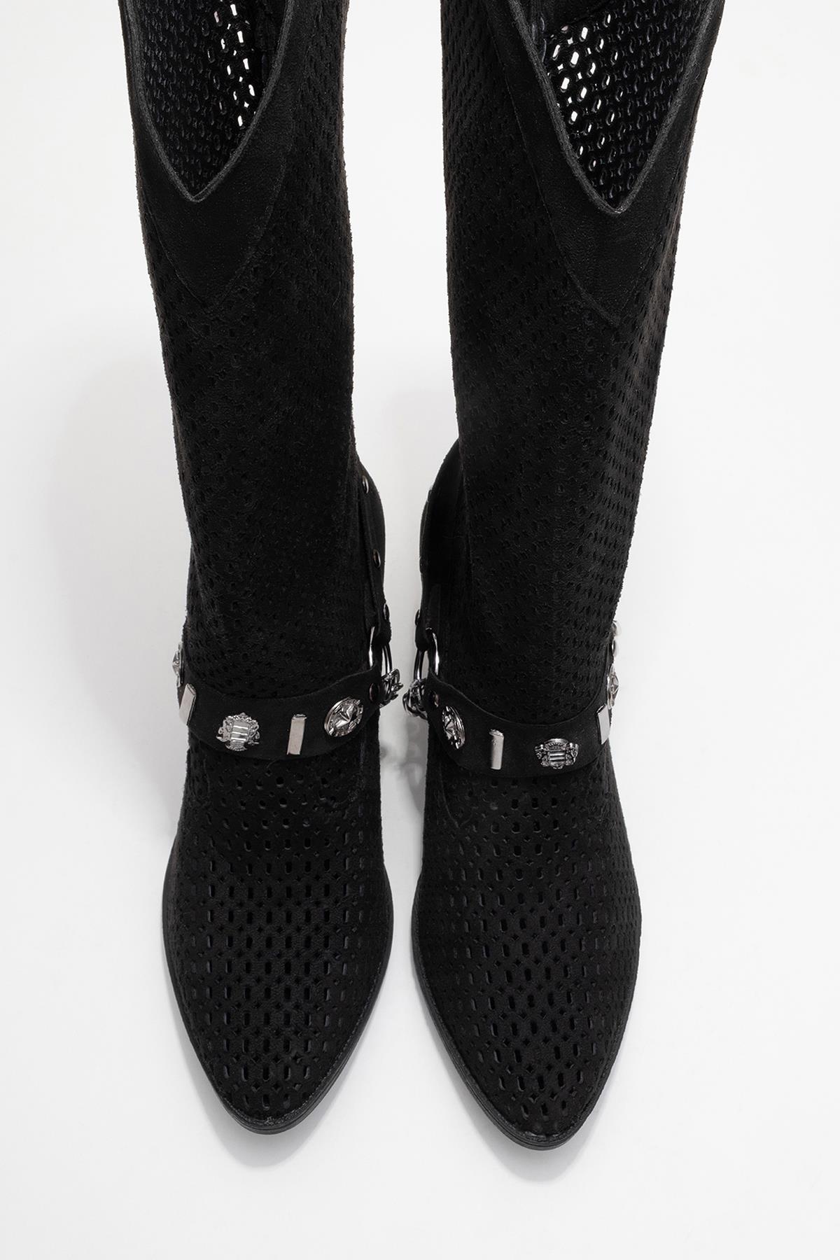 Liza Black Block Heel Western Boot – top view showing leather, black, red, Vowalisse