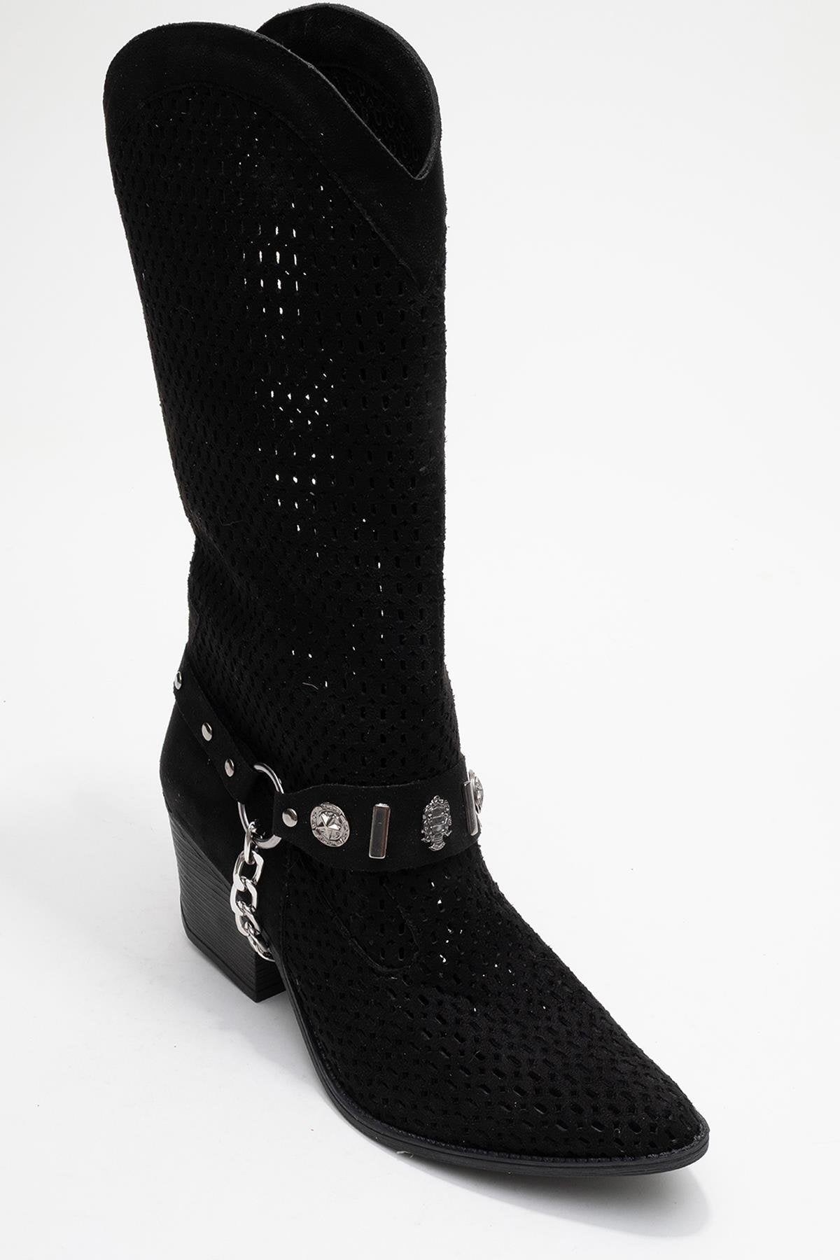 Liza Black Block Heel Western Boot – sole view showing leather, black, red, Vowalisse