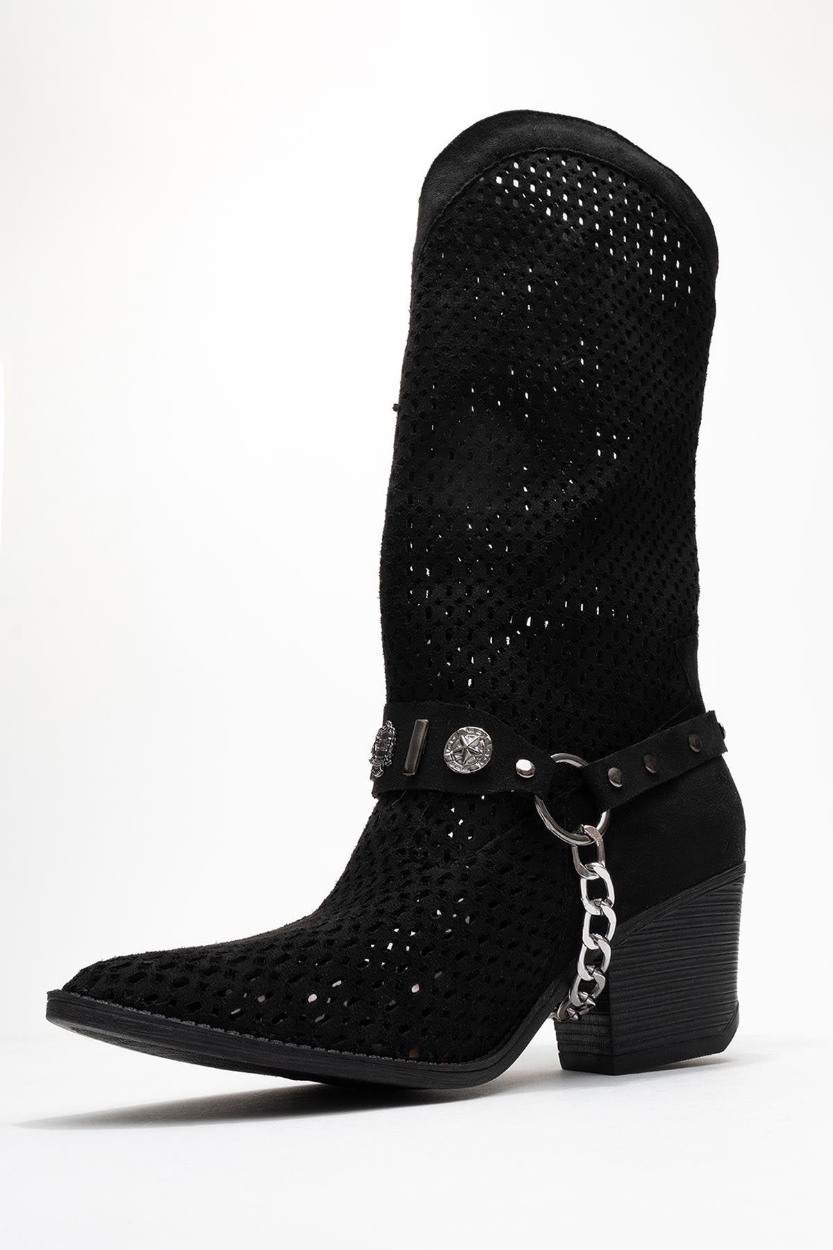 Liza Black Block Heel Western Boot – pair view showing leather, black, red, Vowalisse