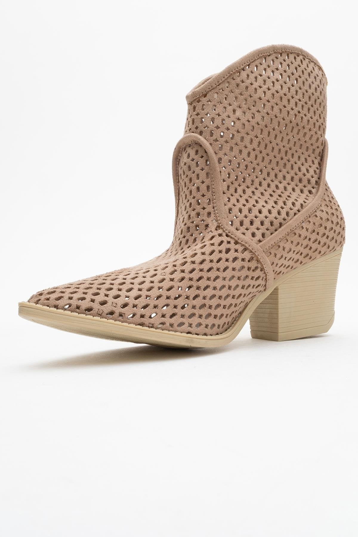 Pera Dark Beige Block Heel Boot – sole view showing leather, Vowalisse
