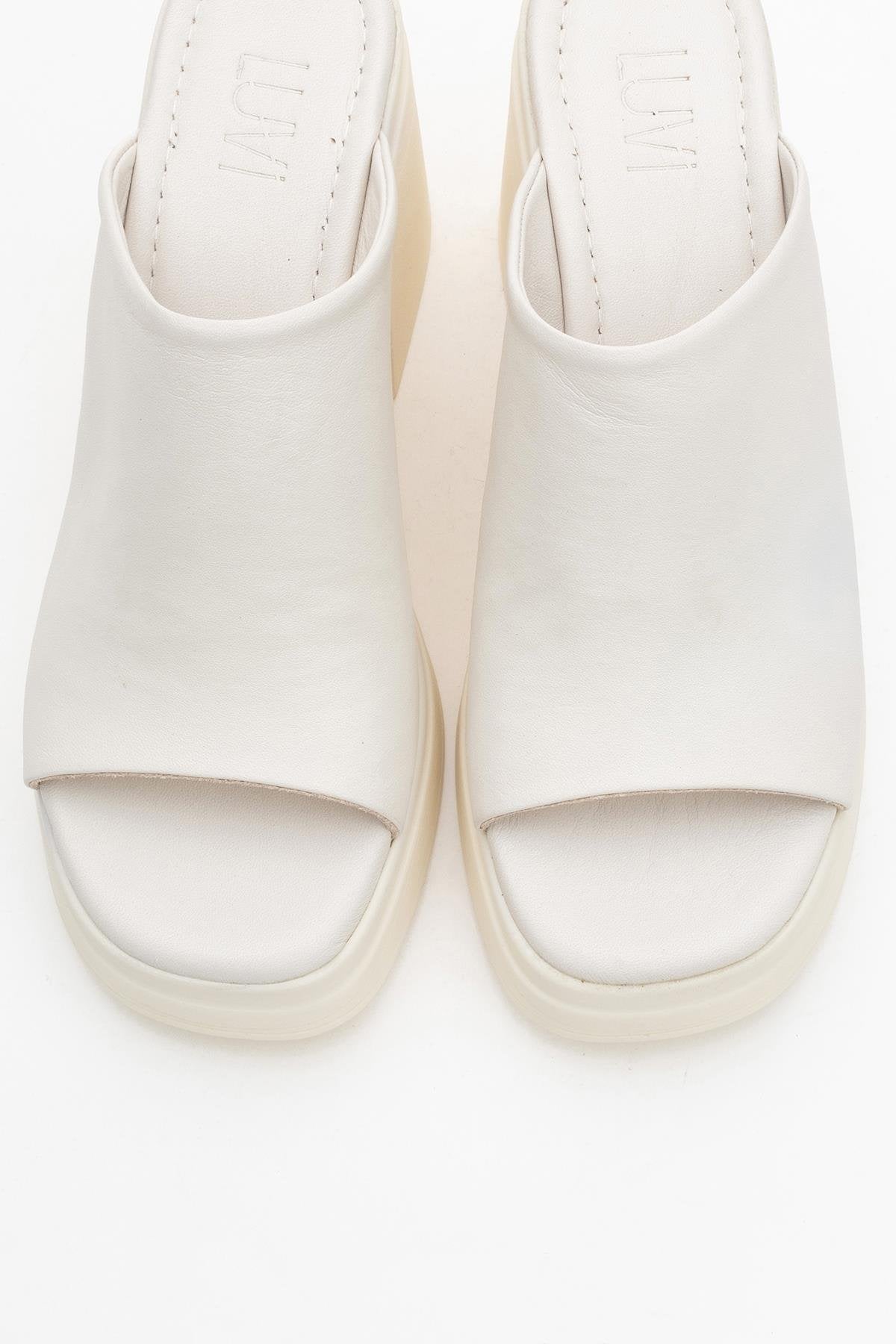 Nola - Beige Leather Heeled Mules – side view showing leather, suede, Vowalisse