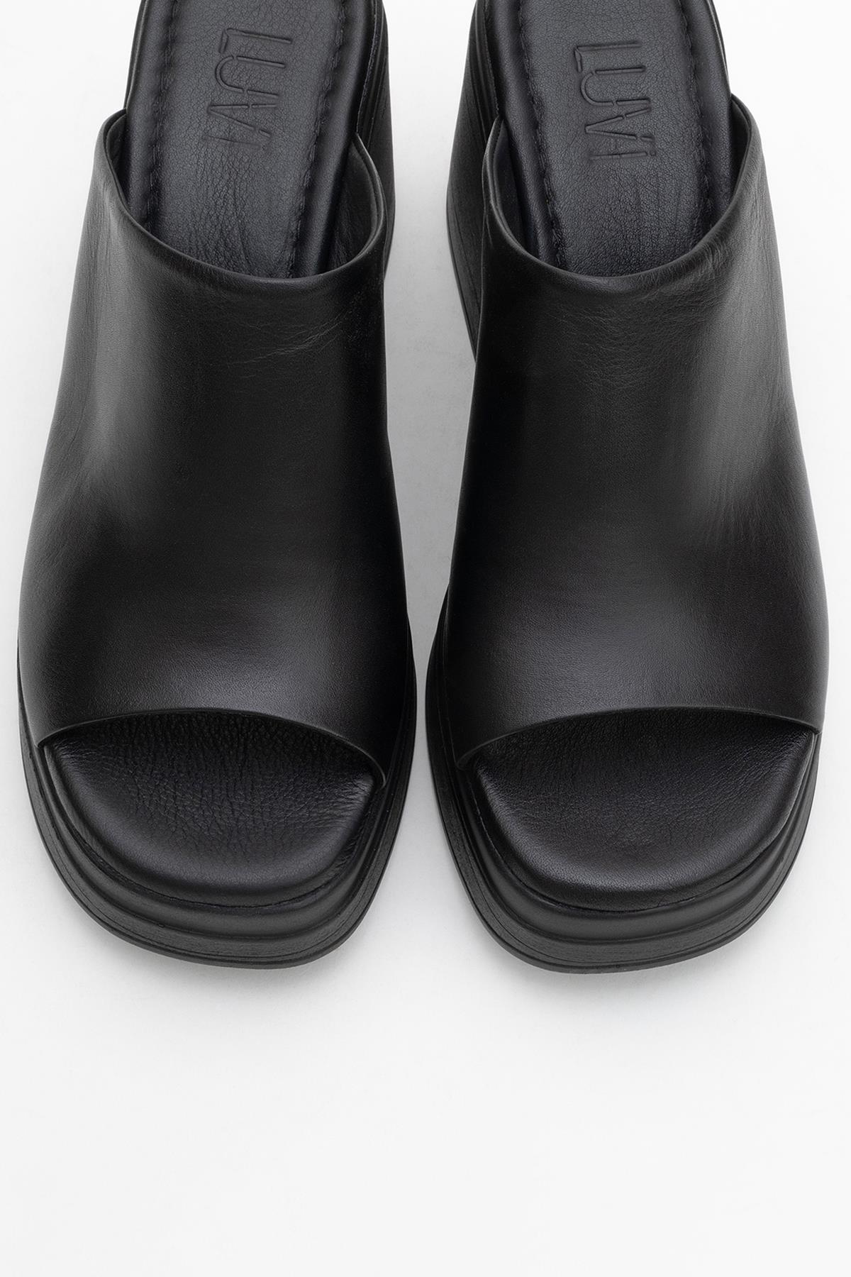 Nola - Black Leather Heeled Mules – side view showing leather, suede, black, Vowalisse