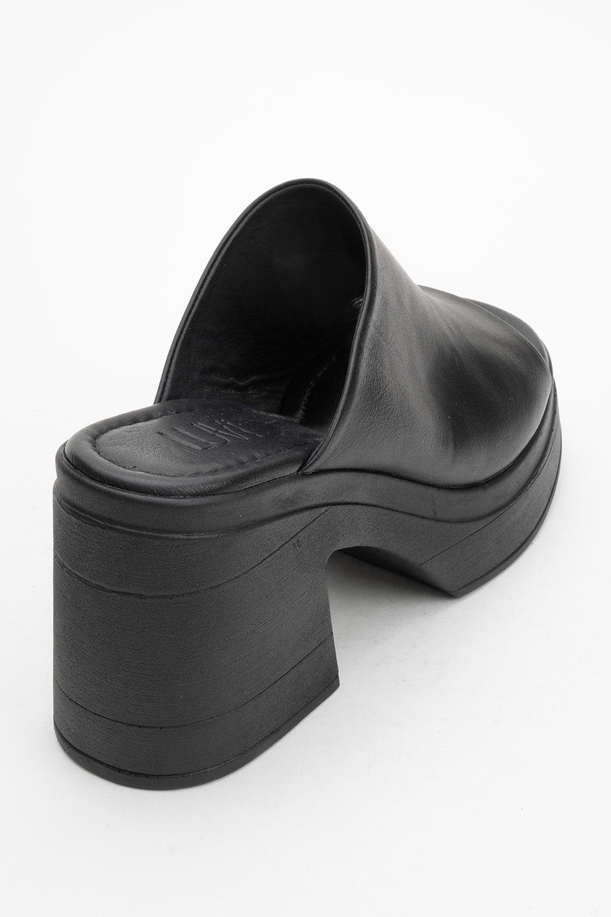 Nola - Black Leather Heeled Mules – back view showing leather, suede, black, Vowalisse