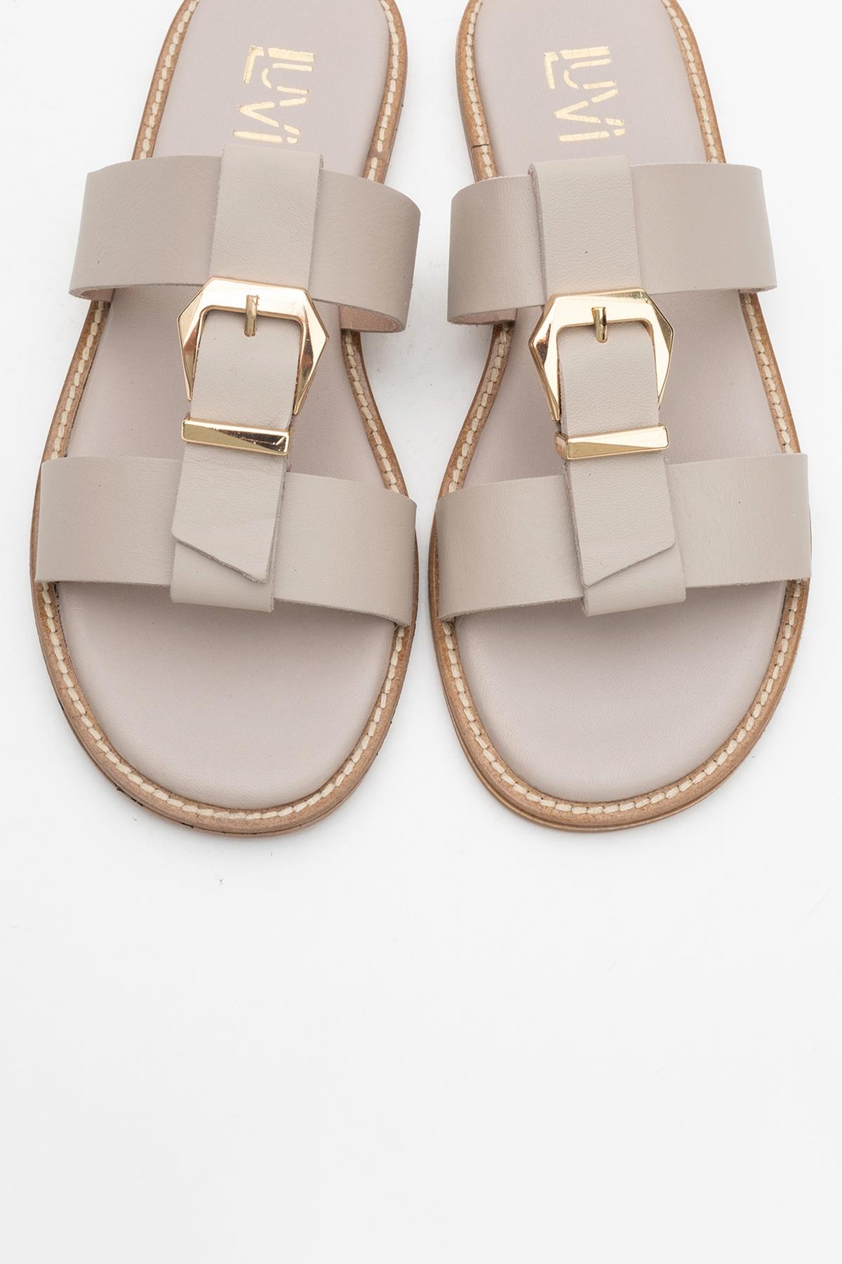 Sveta - Light Beige Leather Buckled Sandal – side view showing leather, Vowalisse