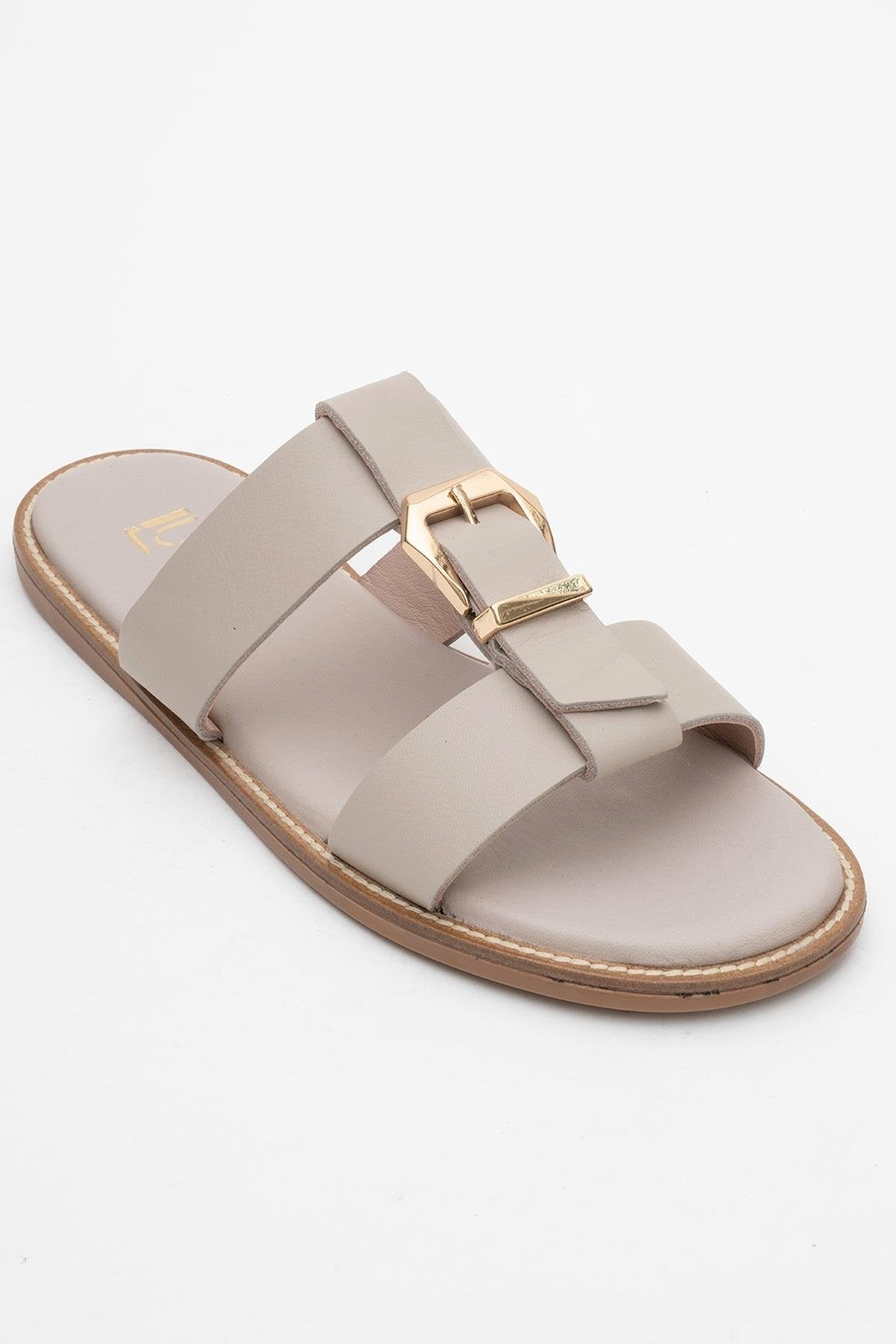 Sveta - Light Beige Leather Buckled Sandal – detail view showing leather, Vowalisse