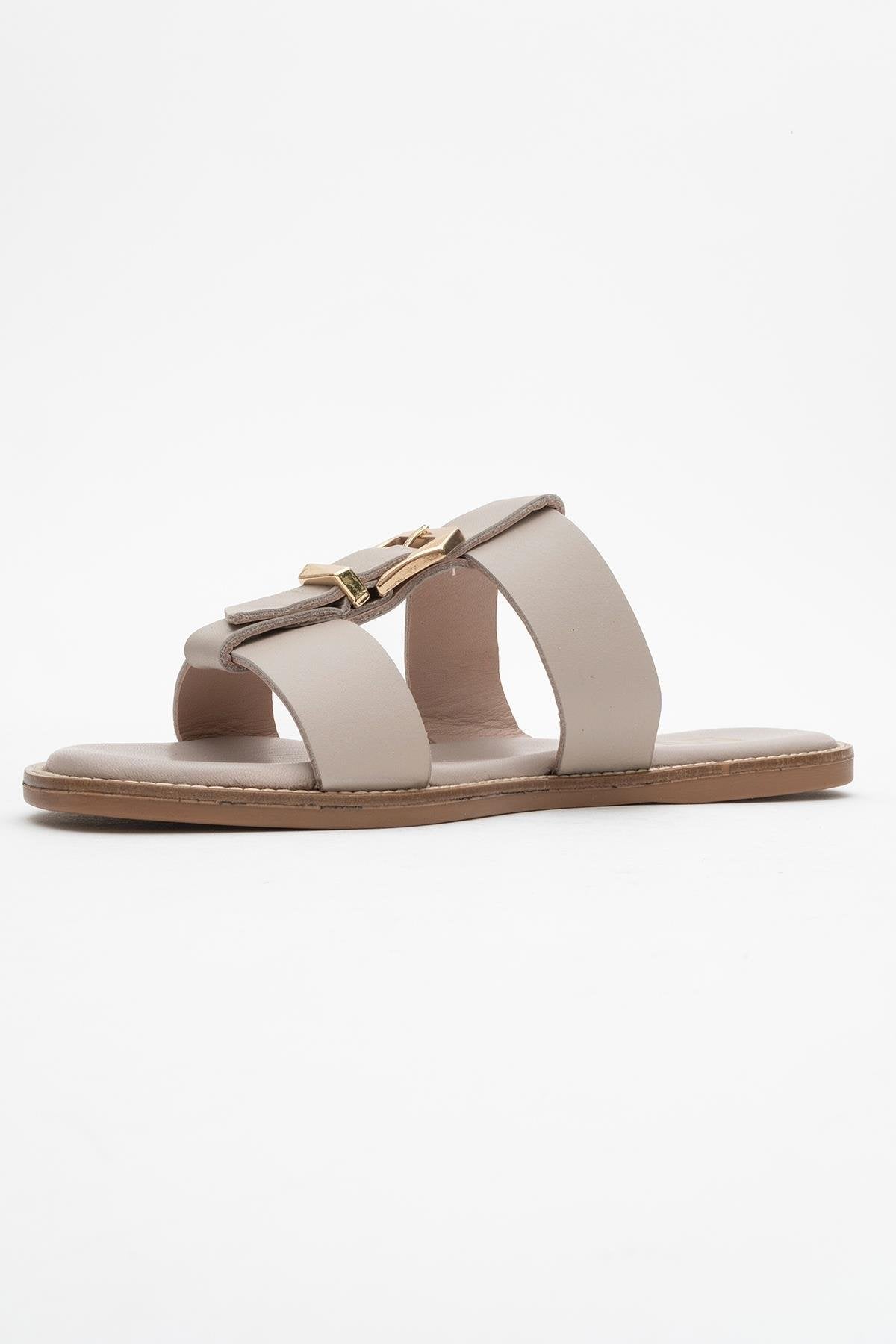 Sveta - Light Beige Leather Buckled Sandal – heel view showing leather, Vowalisse