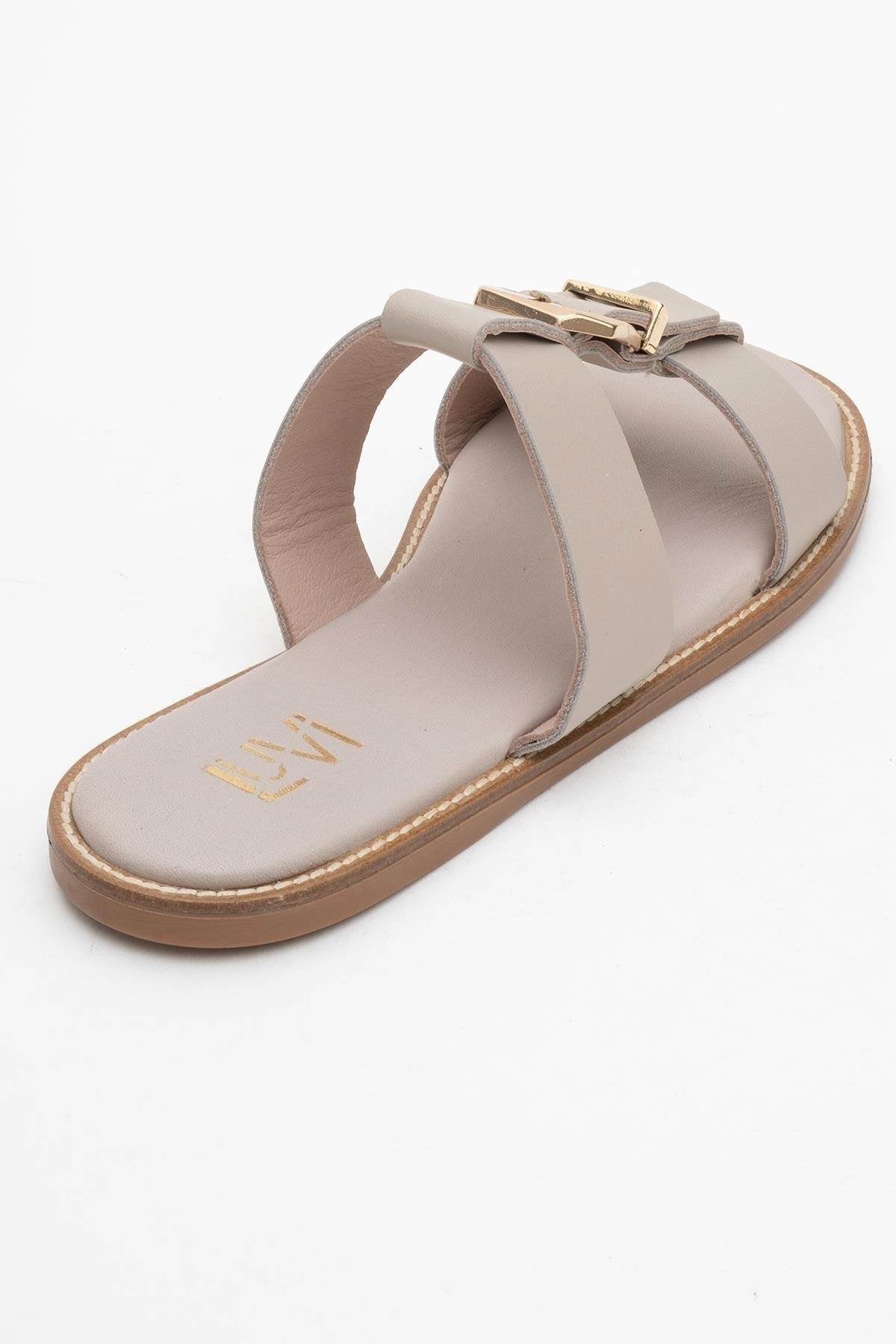 Sveta - Light Beige Leather Buckled Sandal – back view showing leather, Vowalisse