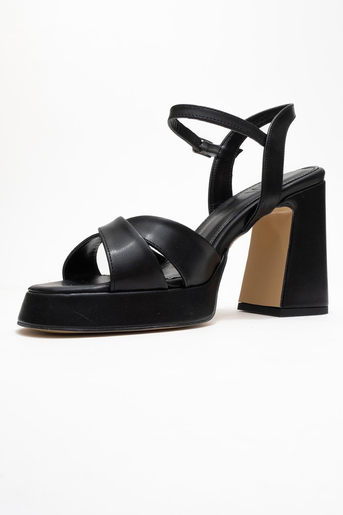 Lello - Black Platform Heel Shoe – heel view showing leather, black, Vowalisse
