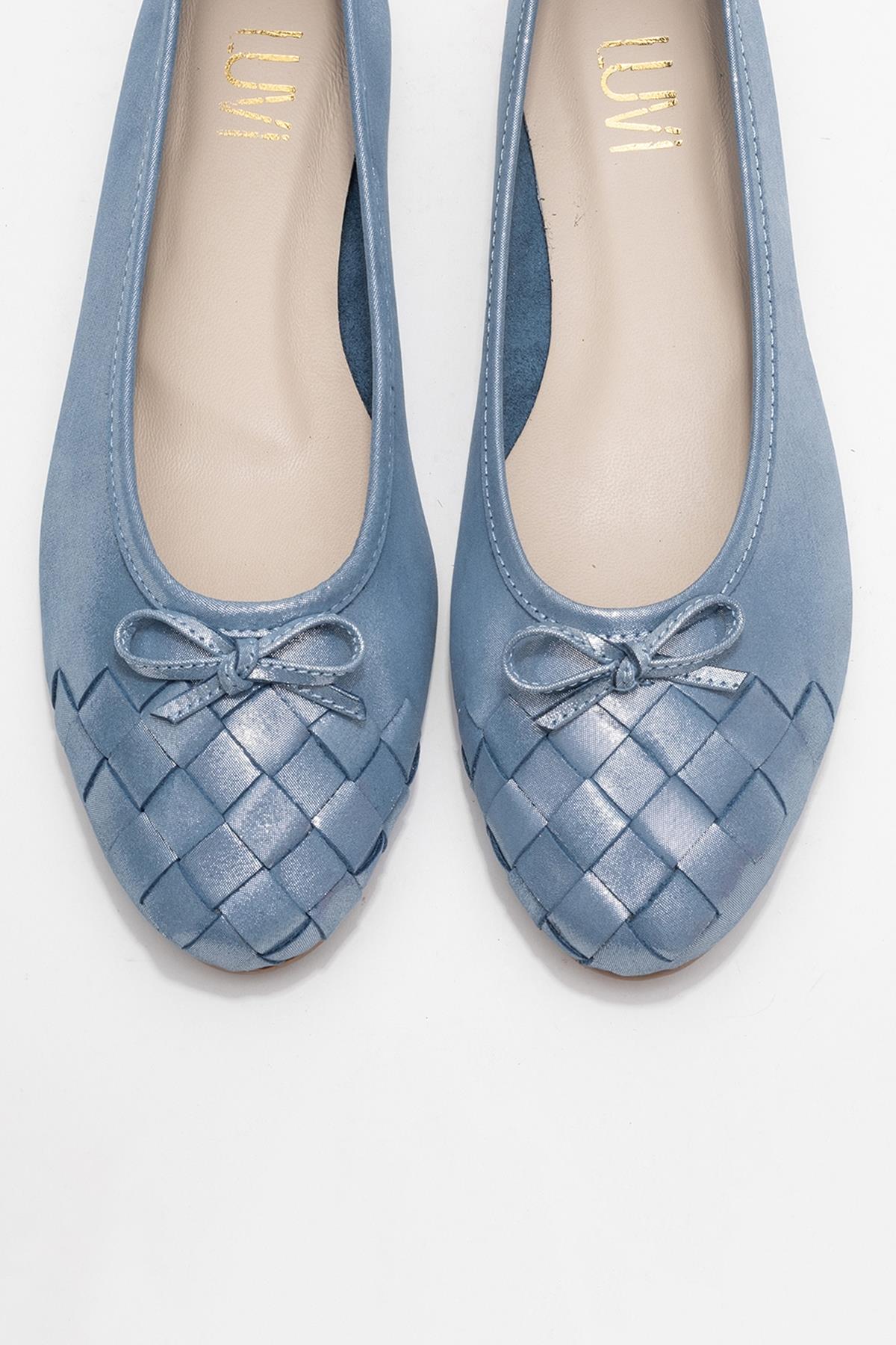 03 - Metallic Blue Genuine Leather Ballet Flat – side view showing leather, metallic, blue, Vowalisse