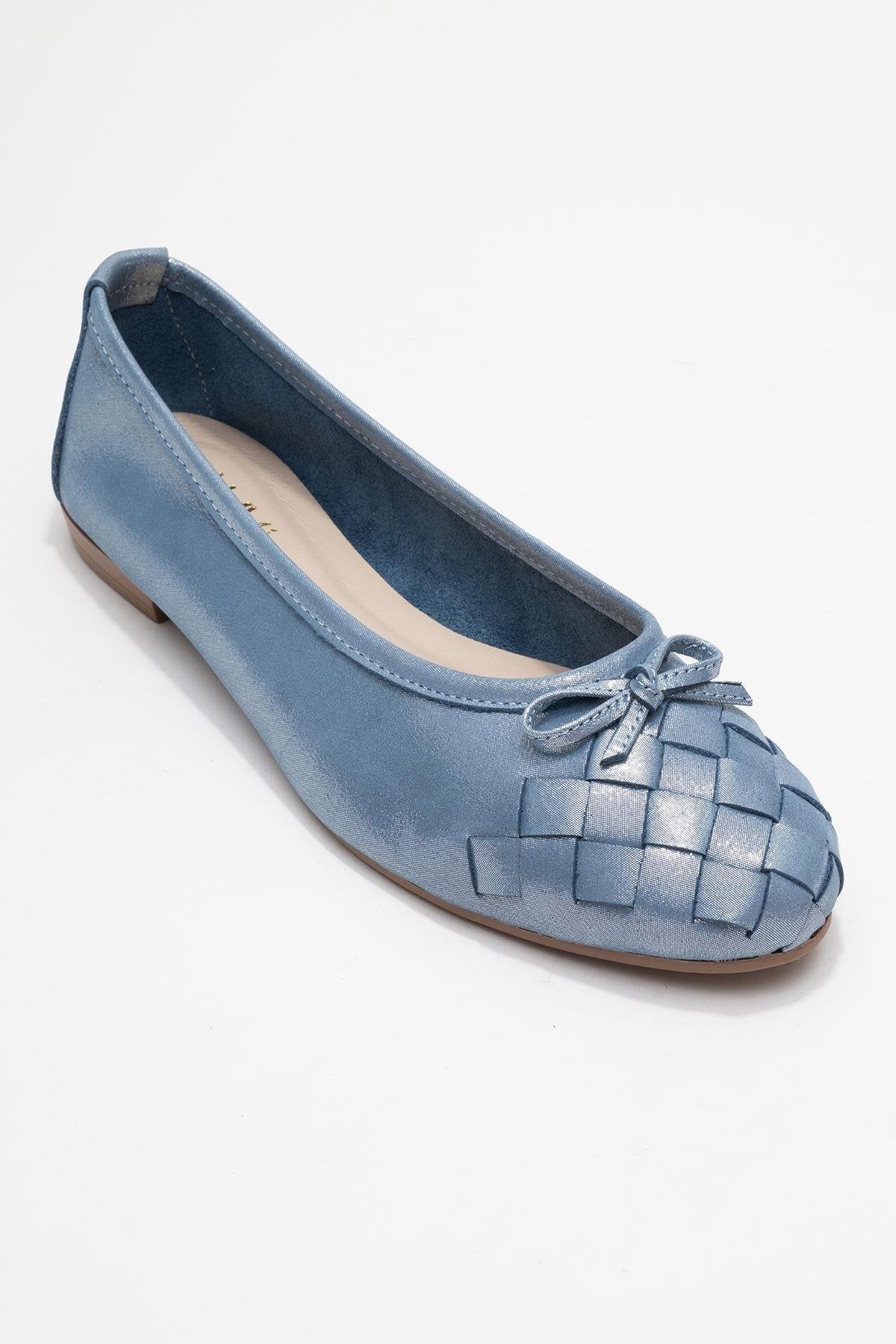 03 - Metallic Blue Genuine Leather Ballet Flat – detail view showing leather, metallic, blue, Vowalisse