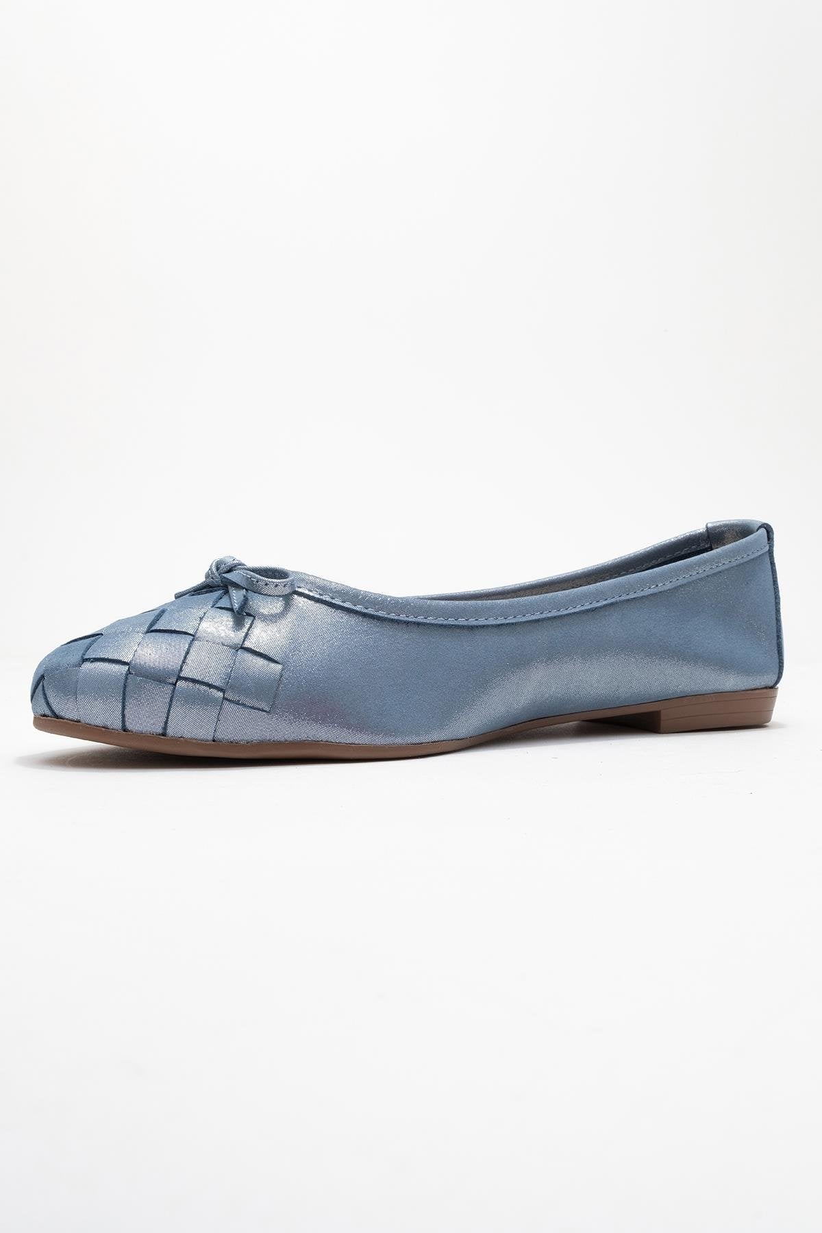 03 - Metallic Blue Genuine Leather Ballet Flat – heel view showing leather, metallic, blue, Vowalisse