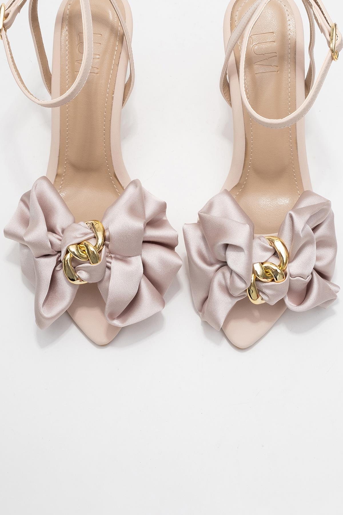 Lucy - Beige Satin Bow Stiletto Pump – side view showing bow, satin, leather, Vowalisse