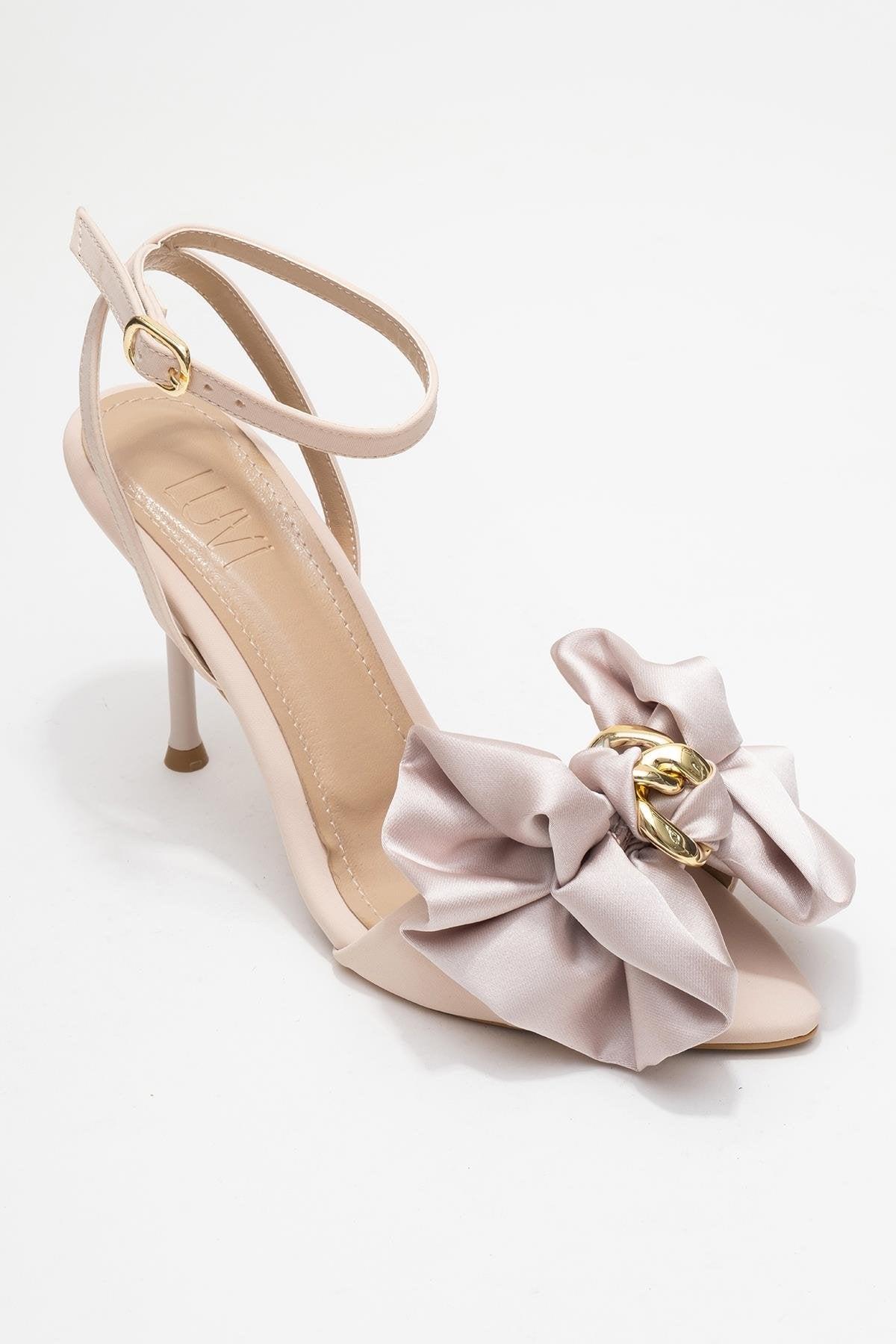 Lucy - Beige Satin Bow Stiletto Pump – detail view showing bow, satin, leather, Vowalisse