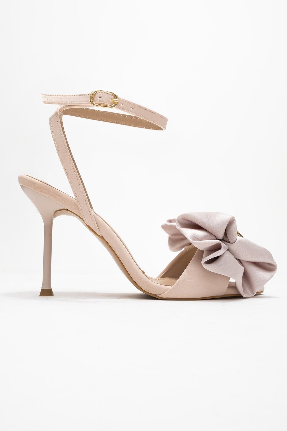 Lucy - Beige Satin Bow Stiletto Pump – top view showing bow, satin, leather, Vowalisse