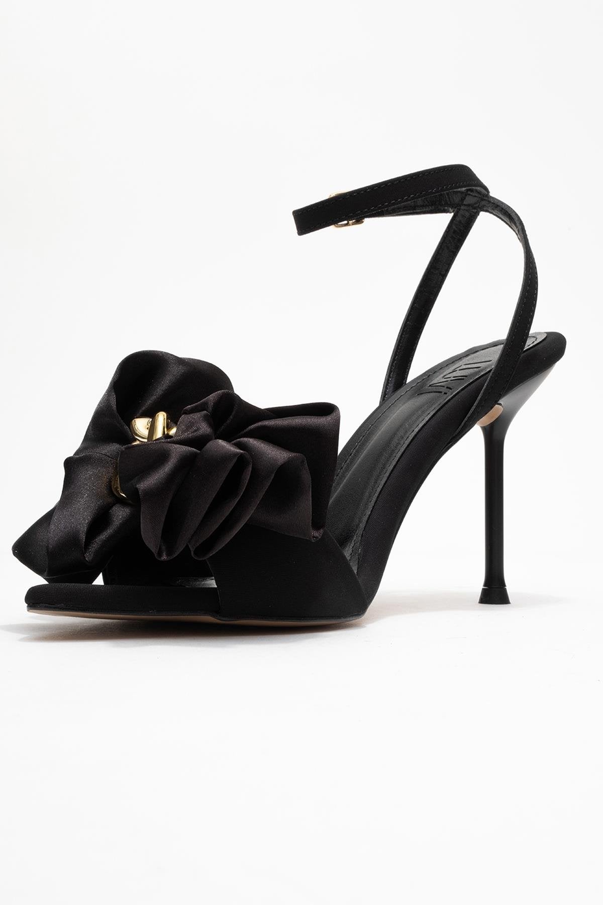 Lucy - Black Satin Bow Open-Toe Stiletto – heel view showing bow, satin, leather, Vowalisse