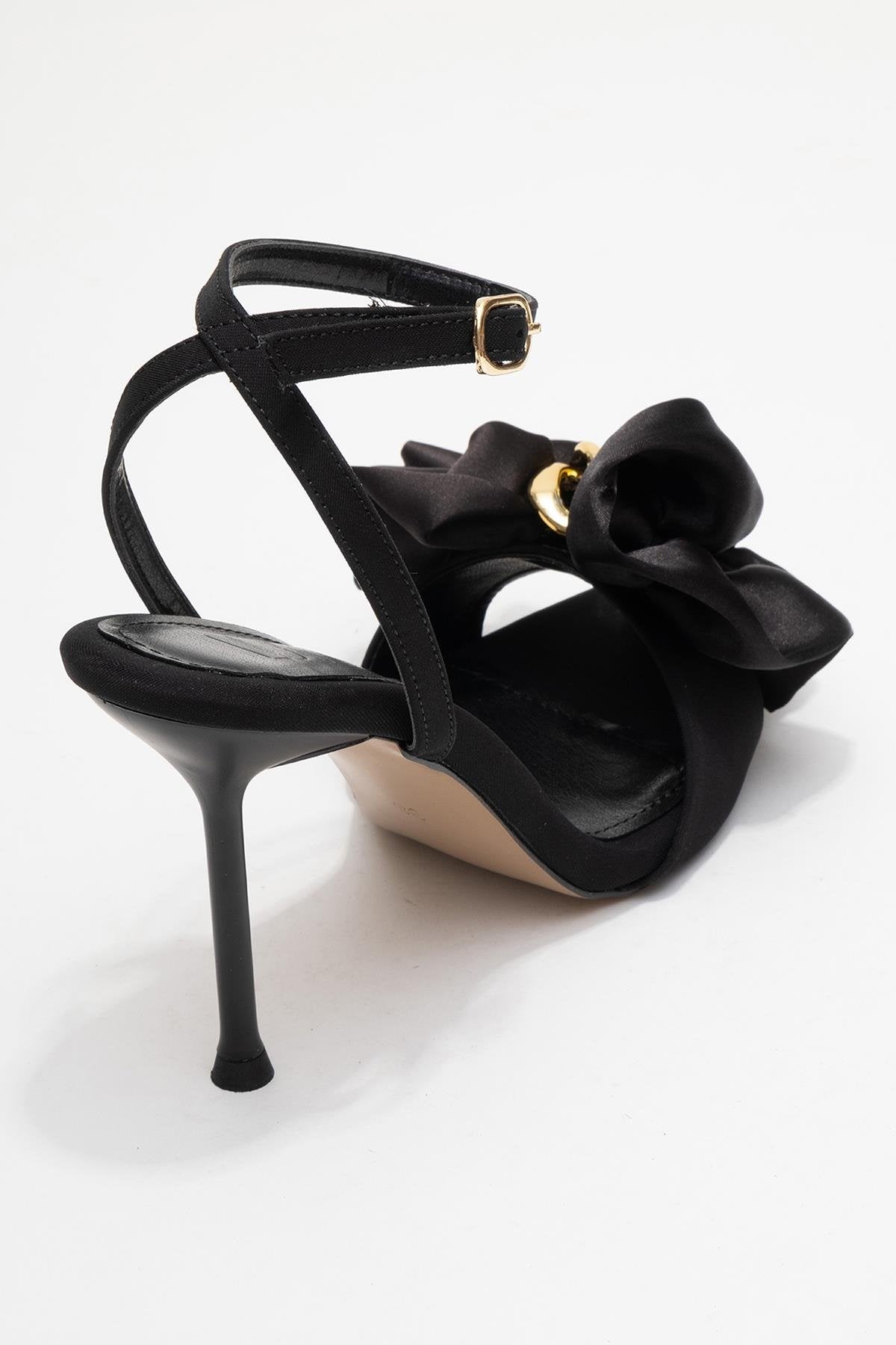 Lucy - Black Satin Bow Open-Toe Stiletto – back view showing bow, satin, leather, Vowalisse