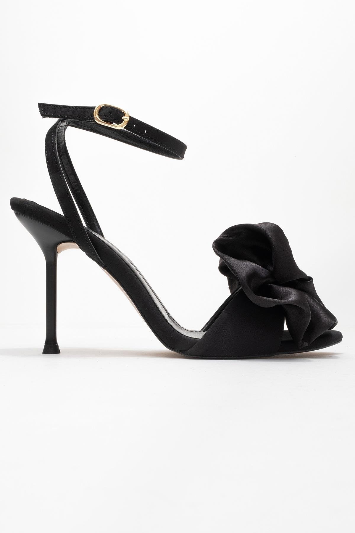Lucy - Black Satin Bow Open-Toe Stiletto – top view showing bow, satin, leather, Vowalisse