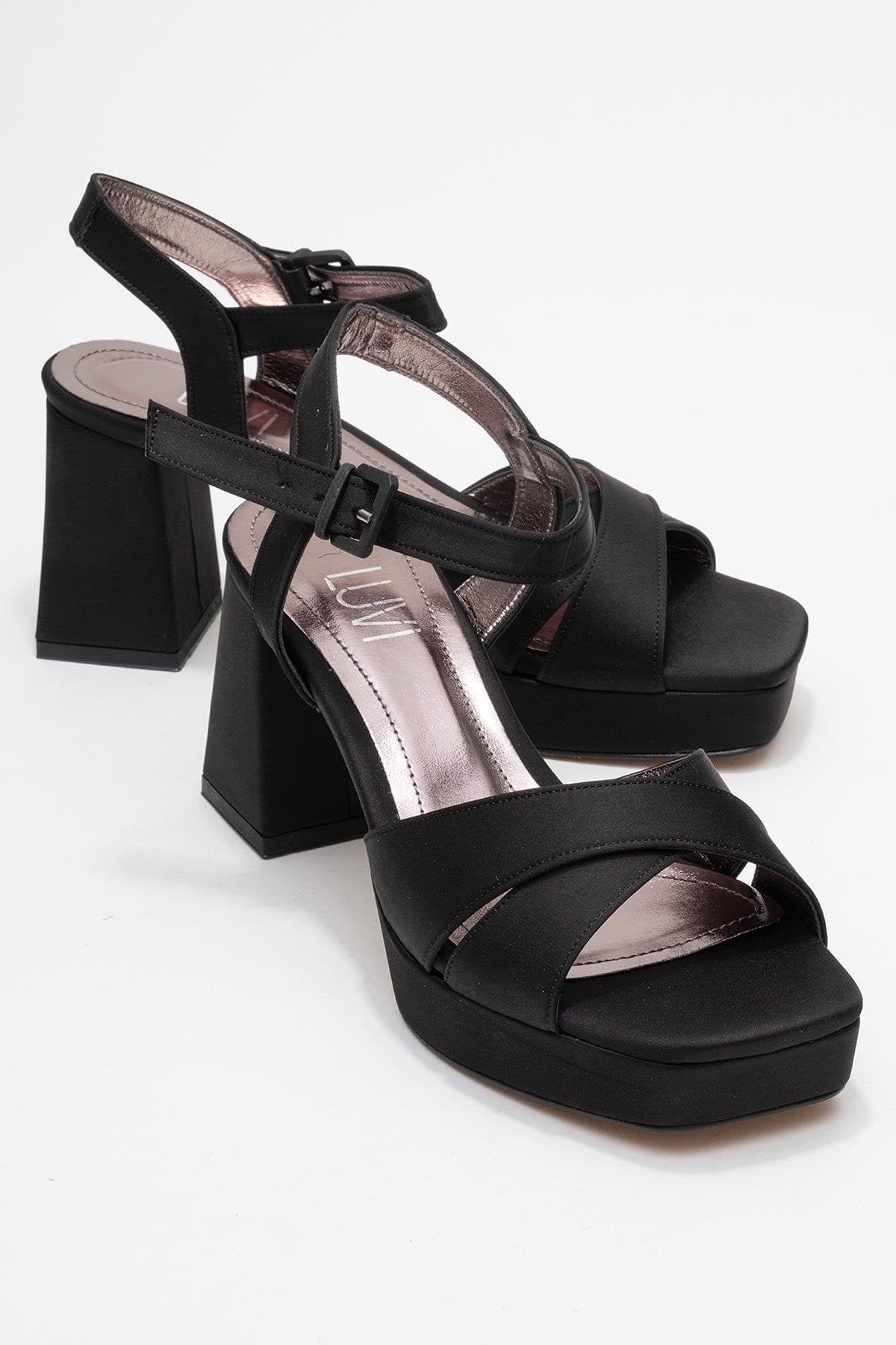 Lisbon - Black Satin Cross-Strap Platform Heel – front three-quarter view showing satin, leather, black, Vowalisse