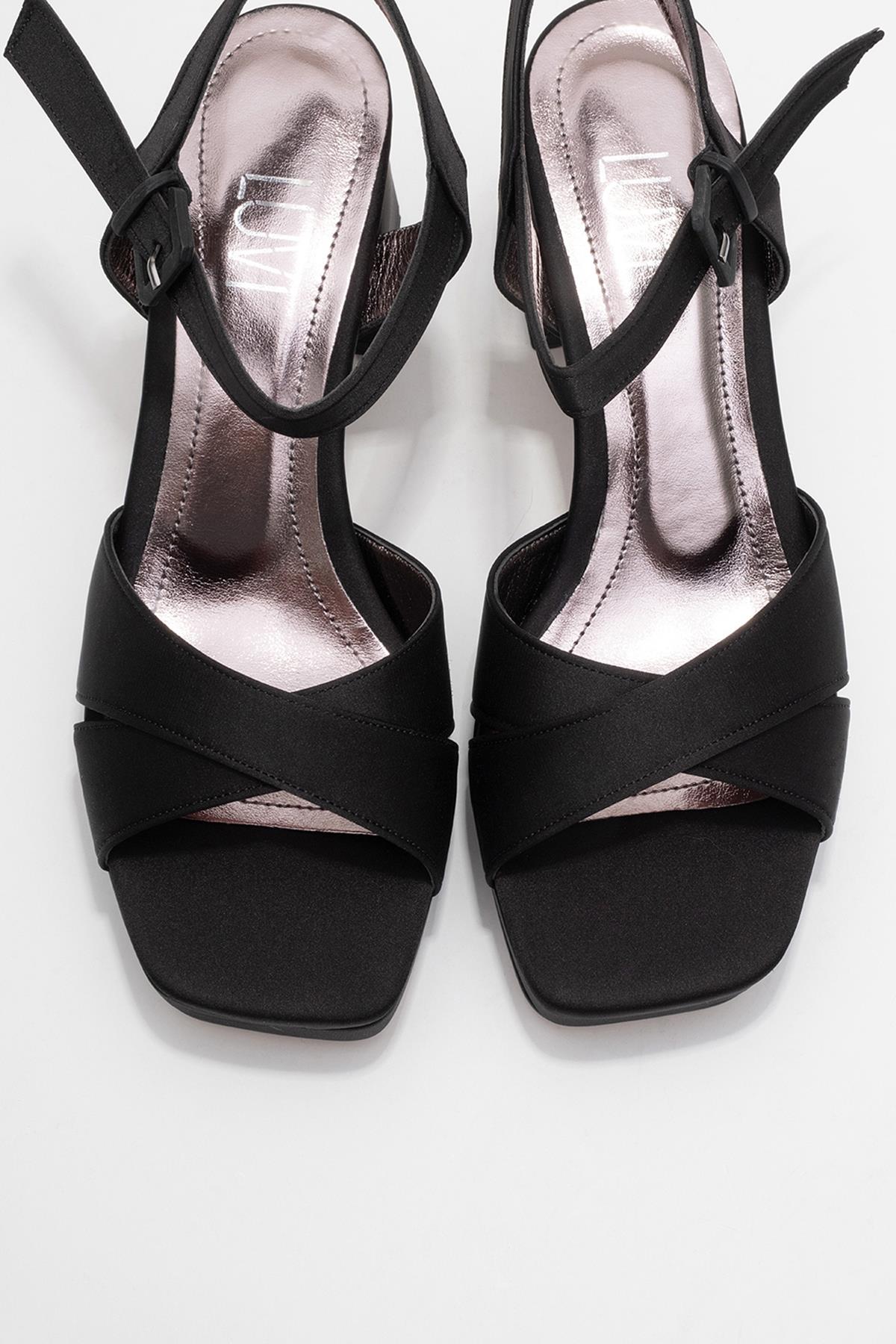 Lisbon - Black Satin Cross-Strap Platform Heel – side view showing satin, leather, black, Vowalisse