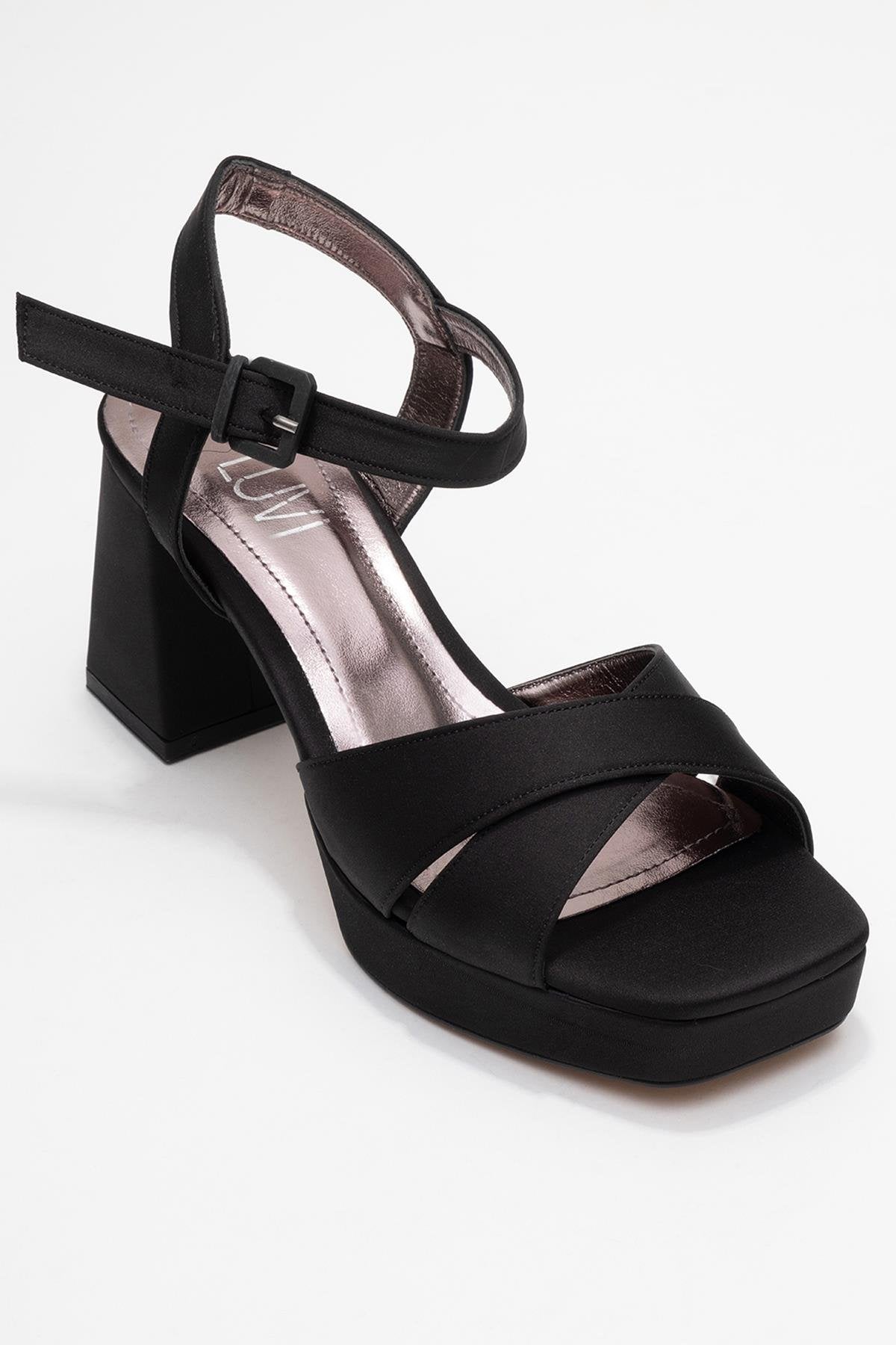 Lisbon - Black Satin Cross-Strap Platform Heel – detail view showing satin, leather, black, Vowalisse