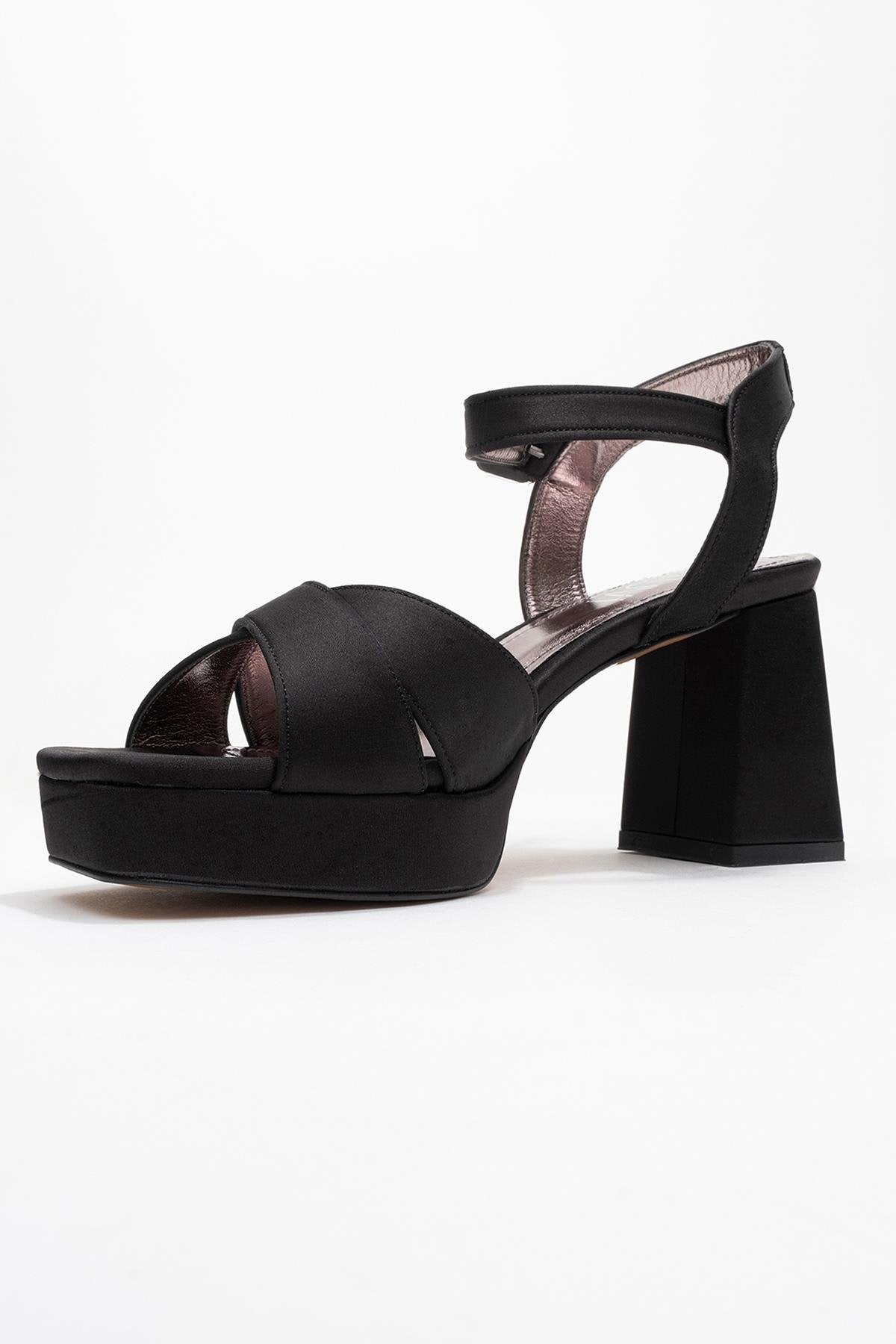 Lisbon - Black Satin Cross-Strap Platform Heel – heel view showing satin, leather, black, Vowalisse