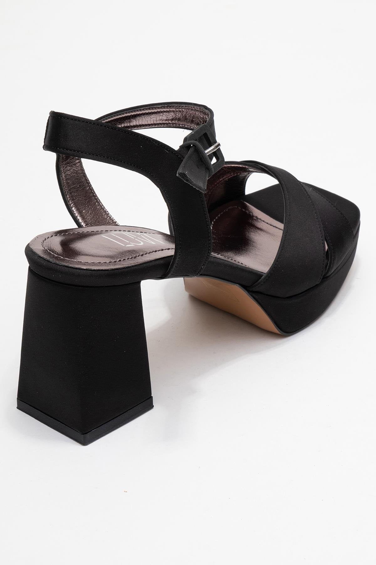 Lisbon - Black Satin Cross-Strap Platform Heel – back view showing satin, leather, black, Vowalisse