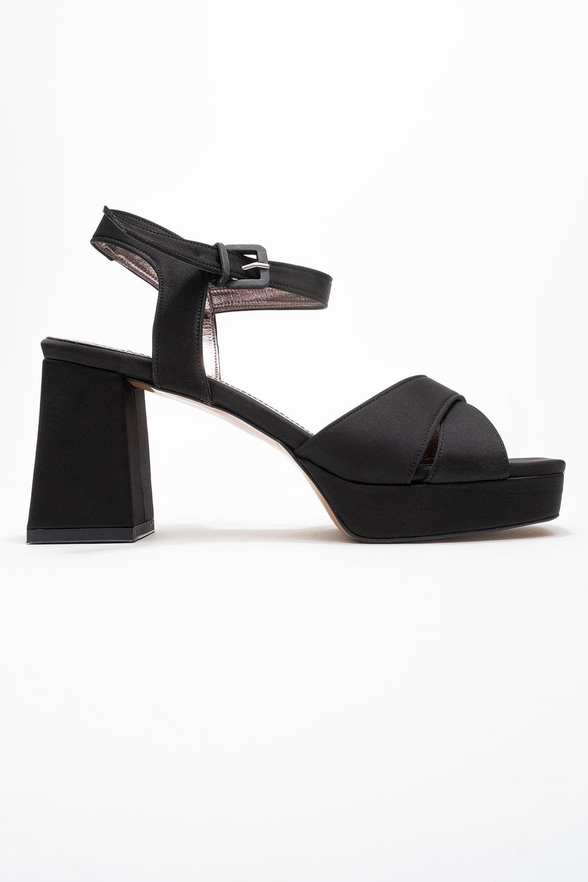 Lisbon - Black Satin Cross-Strap Platform Heel – top view showing satin, leather, black, Vowalisse