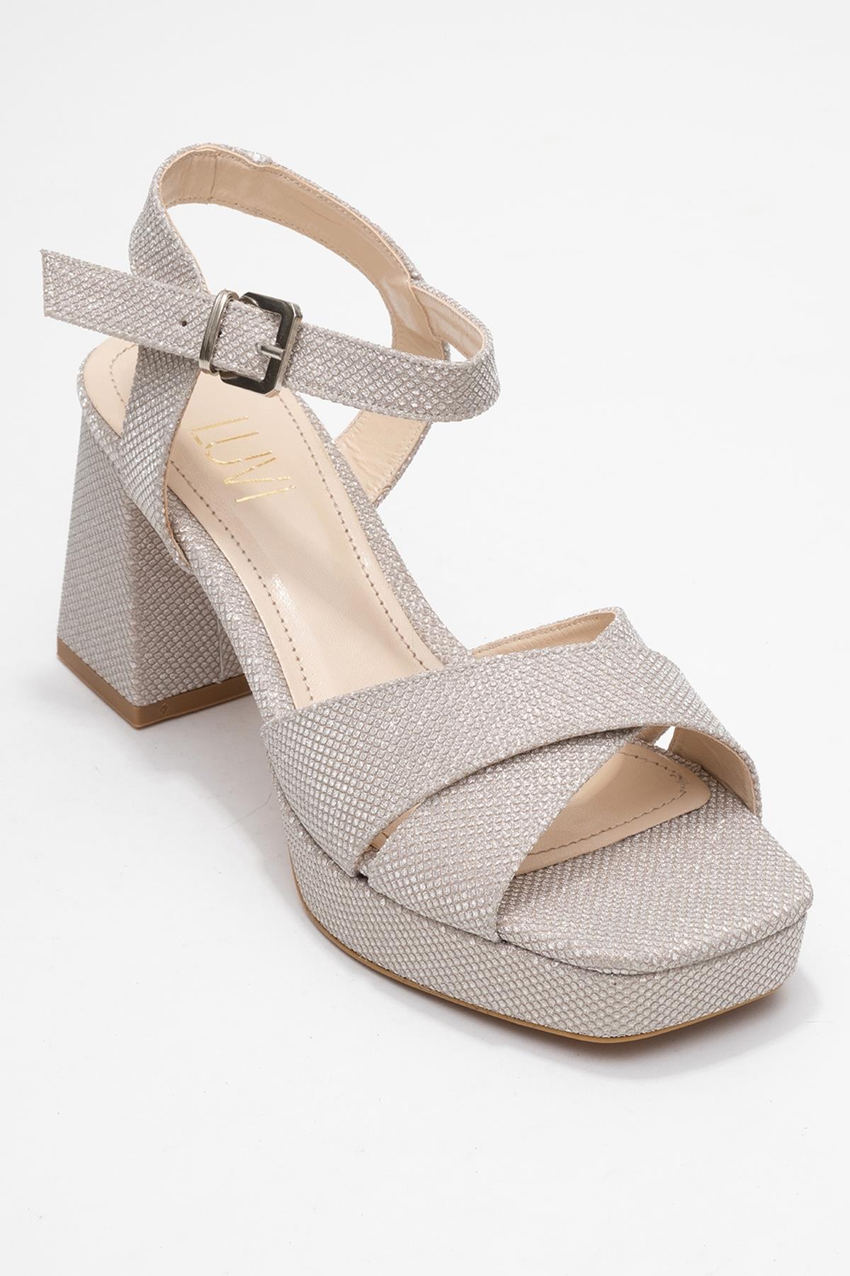 Lisbon - Gold Glitter Cross-Strap Platform Heel – detail view showing leather, glitter, gold, Vowalisse