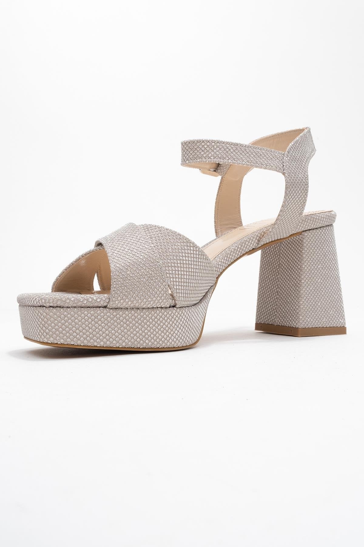 Lisbon - Gold Glitter Cross-Strap Platform Heel – heel view showing leather, glitter, gold, Vowalisse
