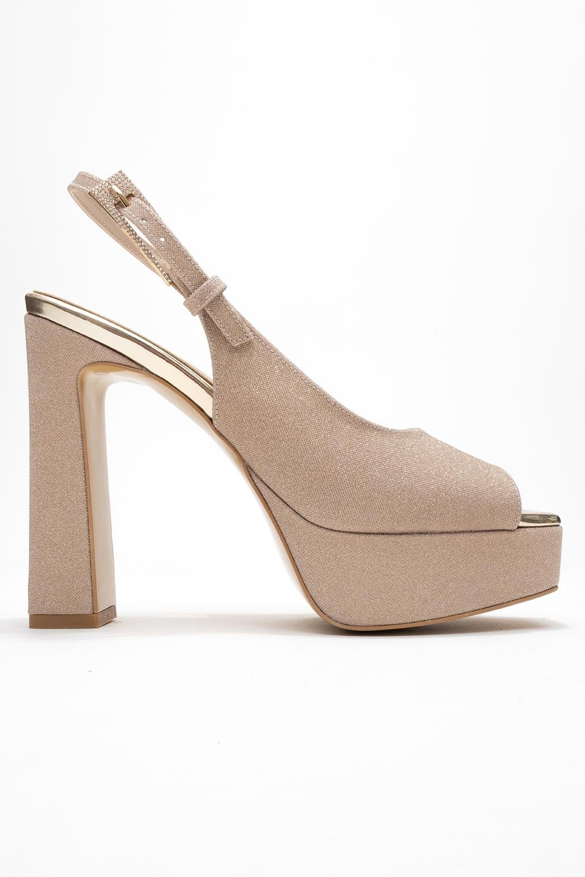 Glora - Gold Glitter Platform Heel Evening Shoe – top view showing leather, glitter, gold, Vowalisse