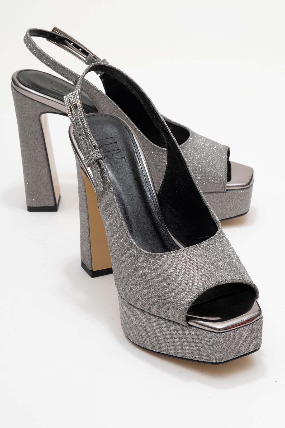 Glora - Platinum Glitter Platform Heel Evening Shoe – front three-quarter view showing leather, glitter, Vowalisse