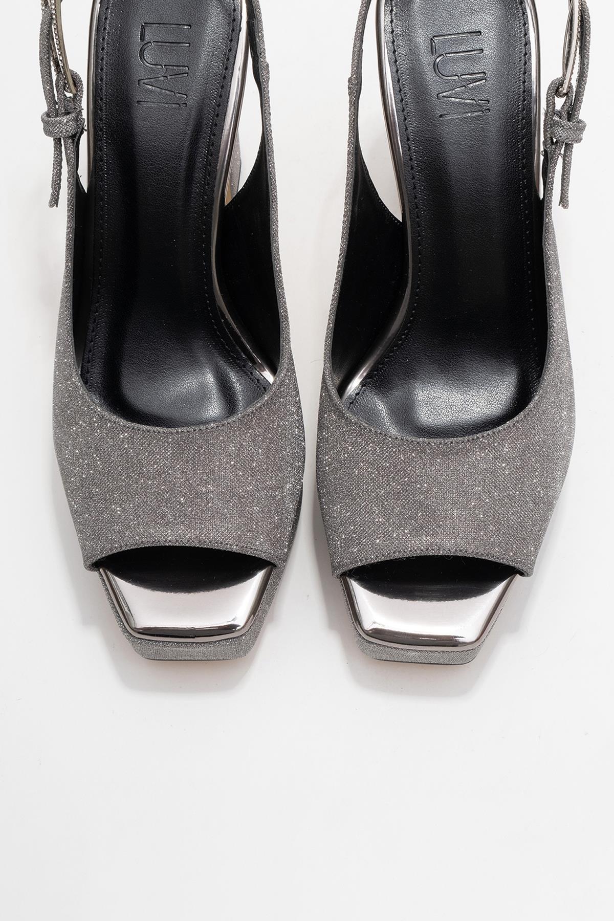 Glora - Platinum Glitter Platform Heel Evening Shoe – side view showing leather, glitter, Vowalisse