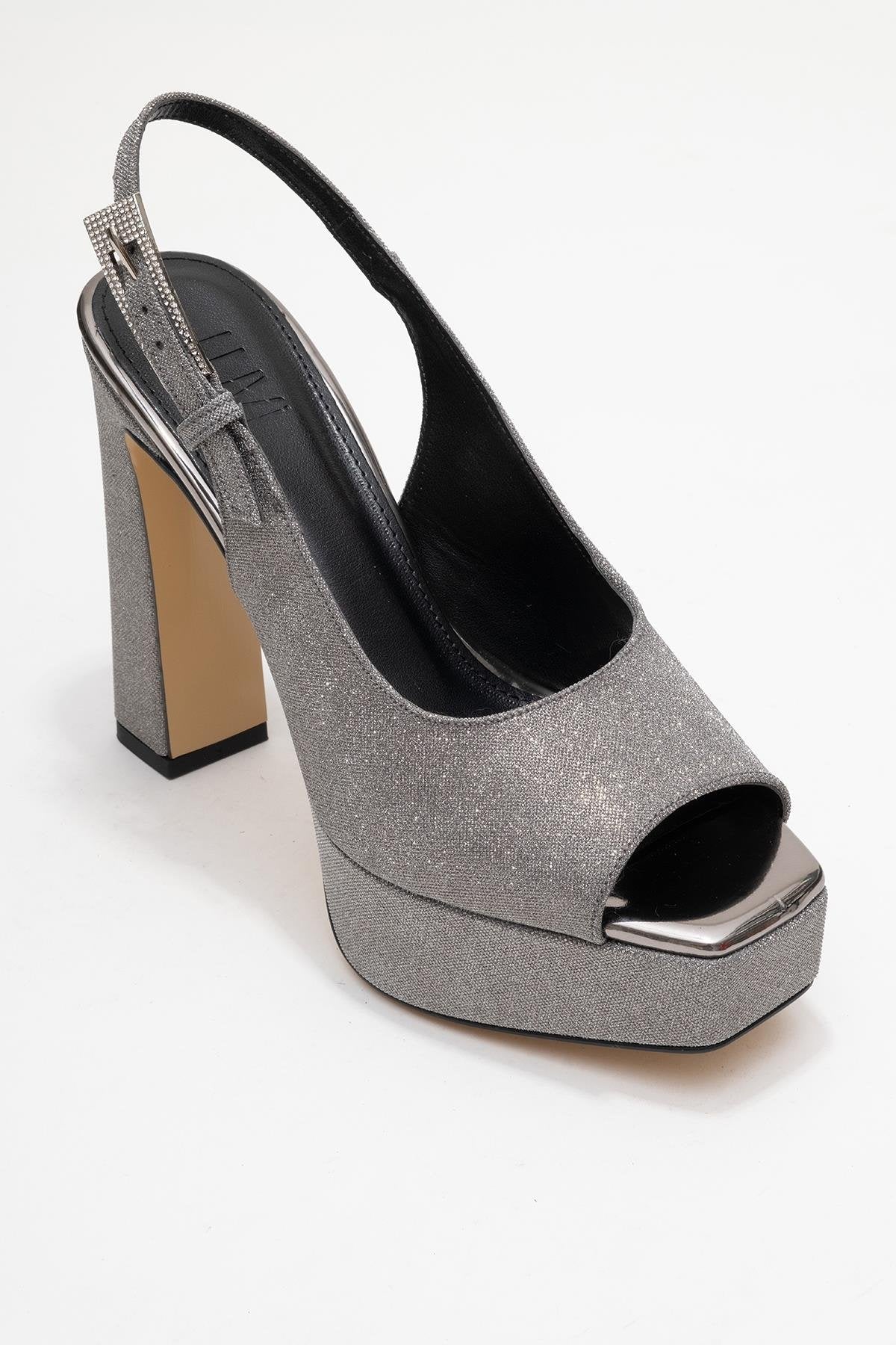 Glora - Platinum Glitter Platform Heel Evening Shoe – detail view showing leather, glitter, Vowalisse