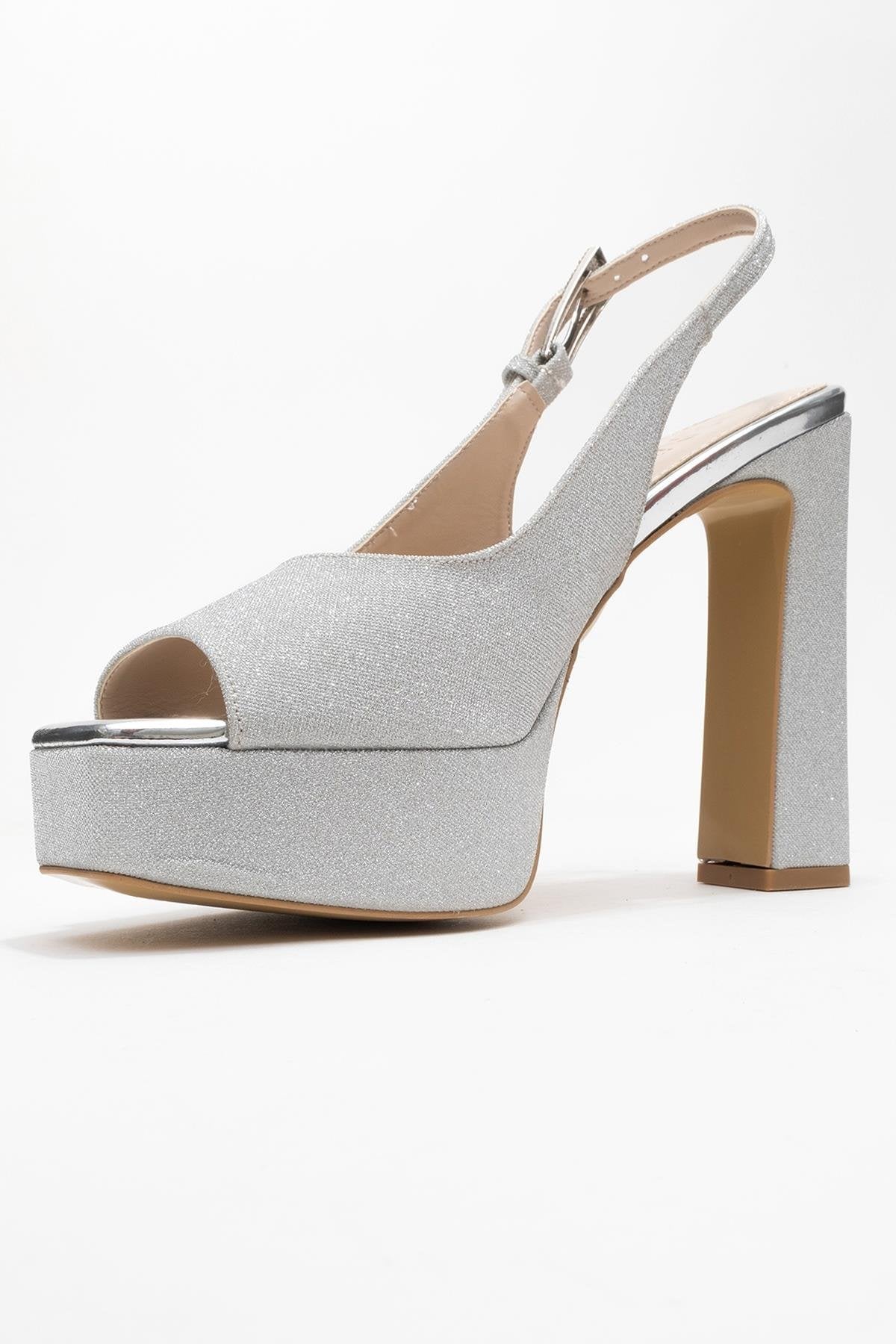 Glora - Silver Glitter Platform Heel Evening Shoe – heel view showing leather, glitter, silver, Vowalisse