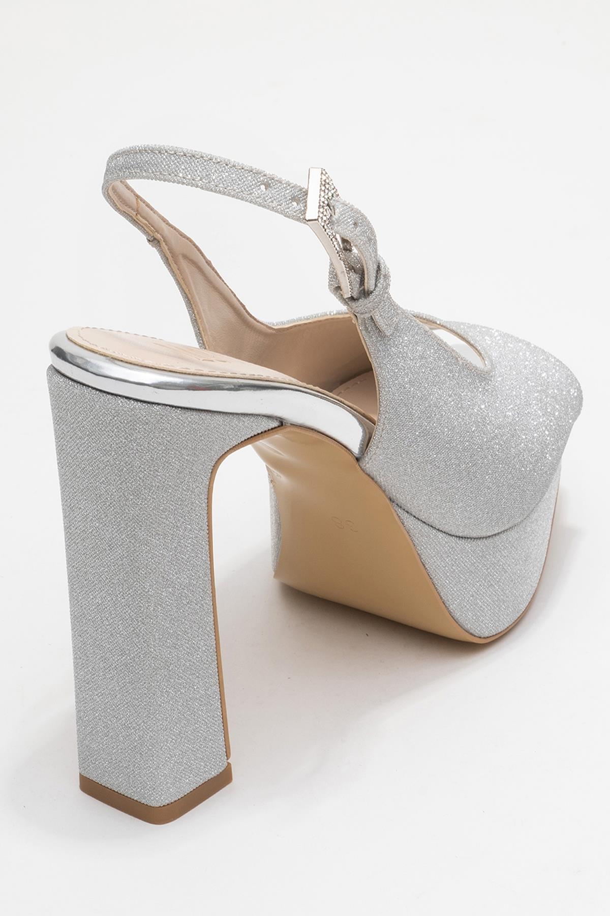 Glora - Silver Glitter Platform Heel Evening Shoe – back view showing leather, glitter, silver, Vowalisse