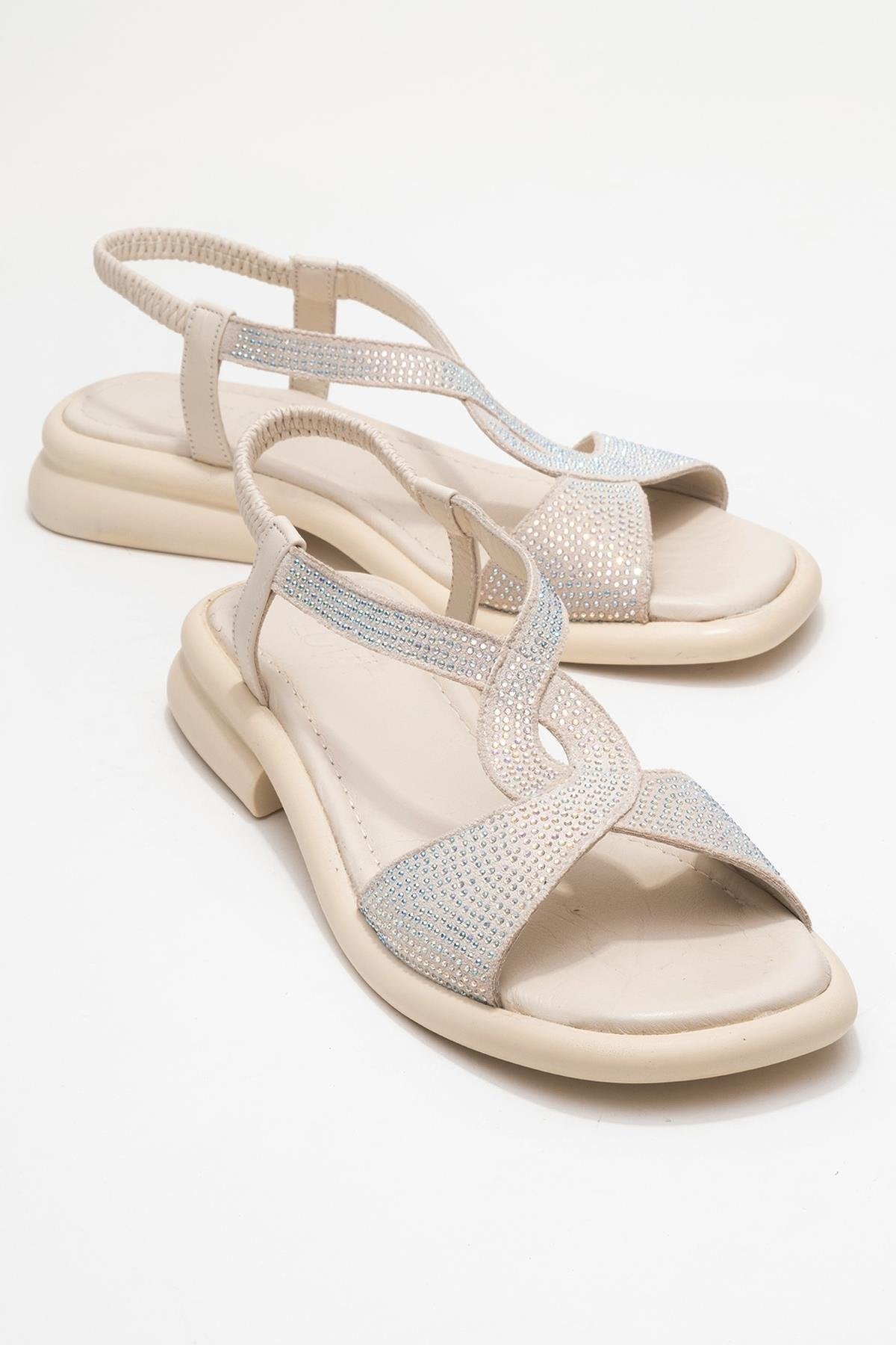 Sieglinde Light Beige Embellished Leather Sandal – front three-quarter view showing crystal, leather, Vowalisse