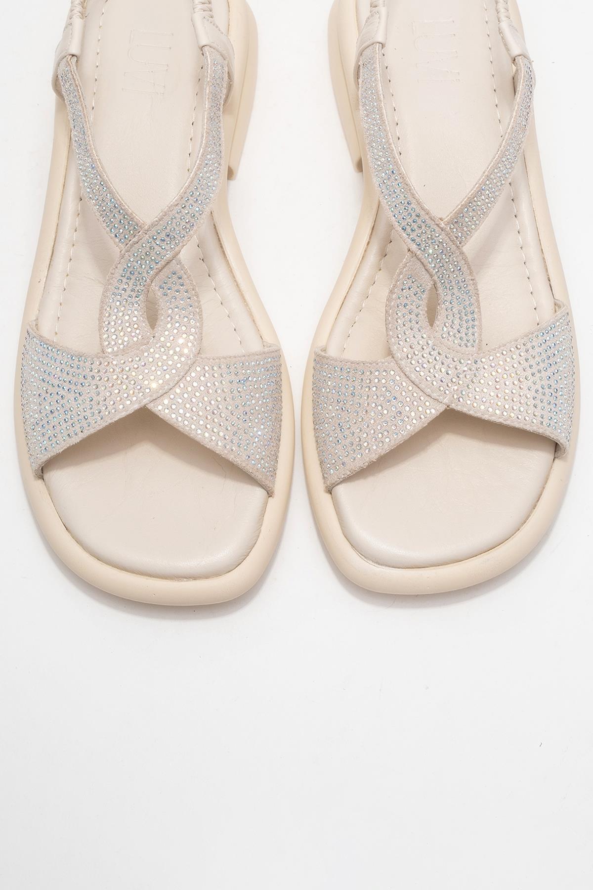 Sieglinde Light Beige Embellished Leather Sandal – side view showing crystal, leather, Vowalisse