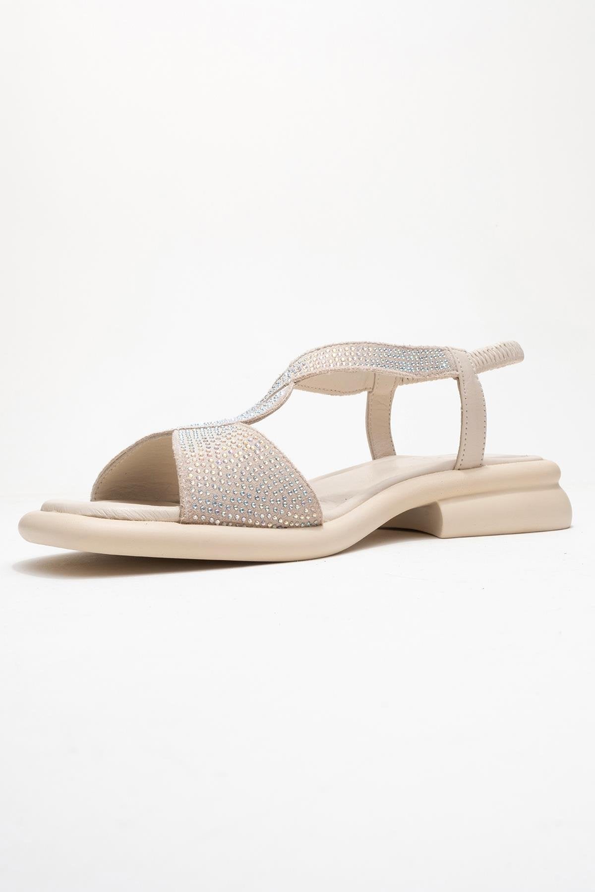 Sieglinde Light Beige Embellished Leather Sandal – heel view showing crystal, leather, Vowalisse