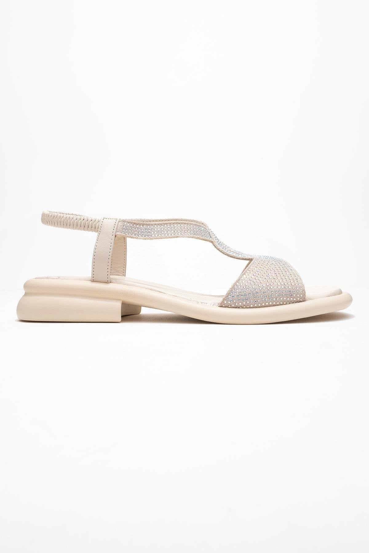 Sieglinde Light Beige Embellished Leather Sandal – top view showing crystal, leather, Vowalisse