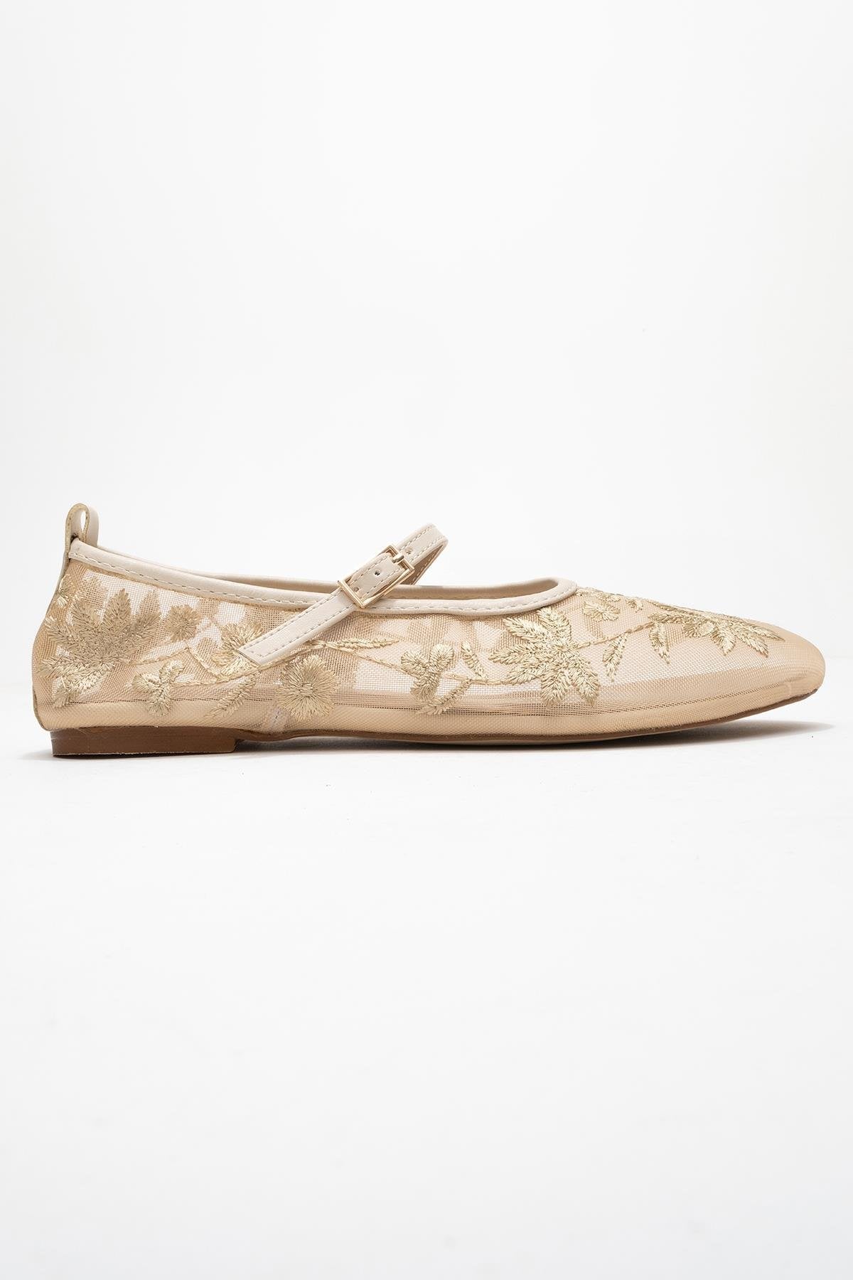 Juny Ivory Mesh Floral Embroidery Ballet Flat – top view showing leather, mesh, ivory, Vowalisse