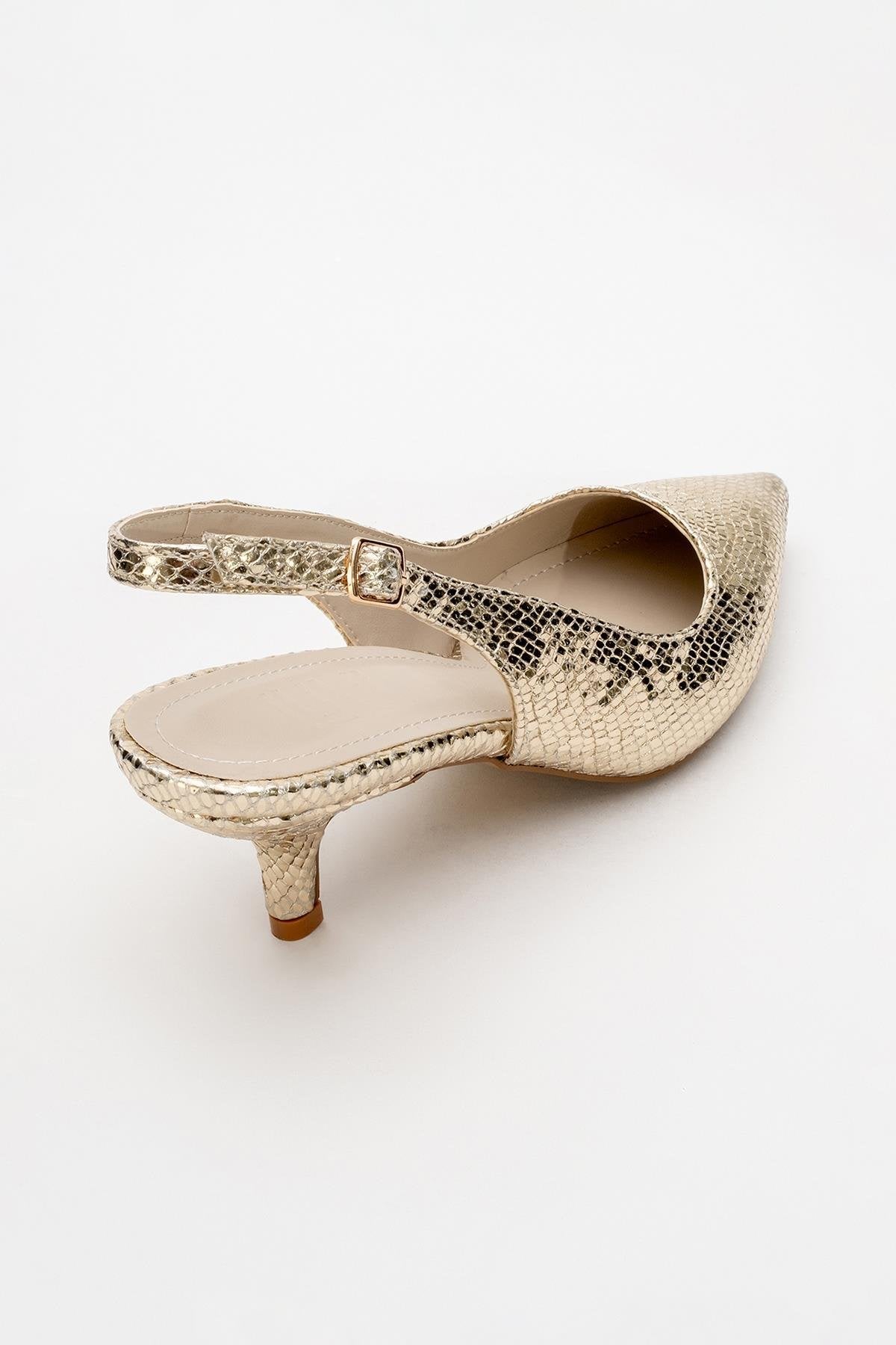 Value - Gold Patterned Heeled Shoe – detail view showing leather, gold, Vowalisse