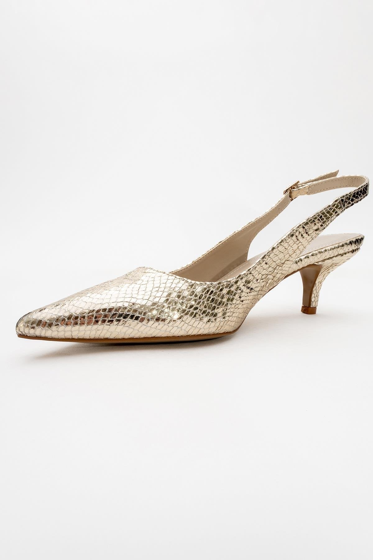 Value - Gold Patterned Heeled Shoe – heel view showing leather, gold, Vowalisse