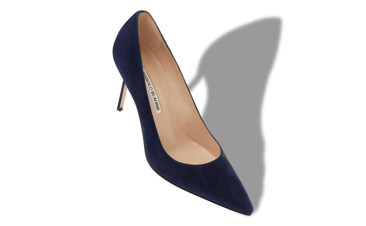 Emmeline Dawn Blue Pointed Toe Pumps – front three-quarter view showing blue pointed toe, suede, Vowalisse