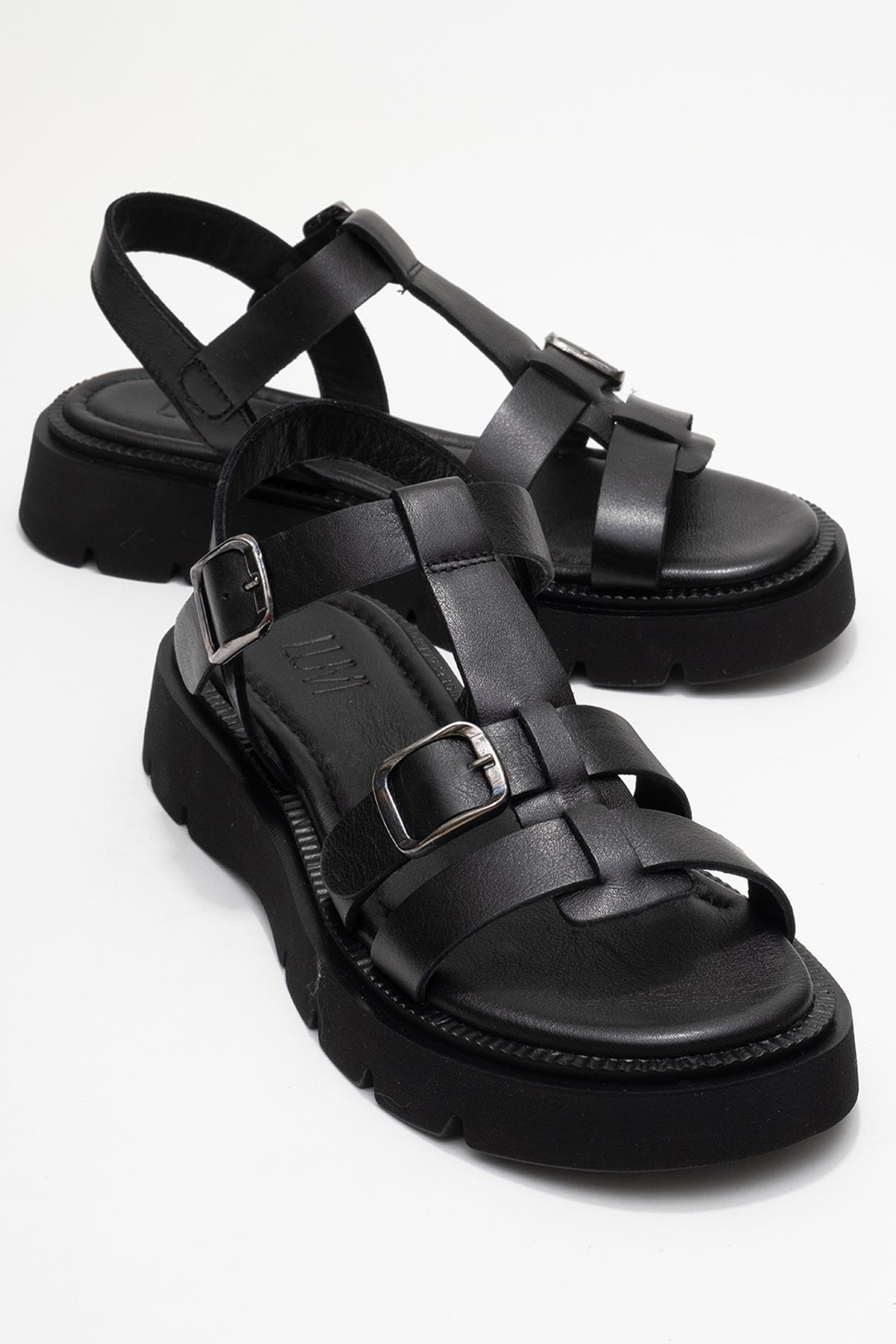 Melvin Black Leather Sandal – front three-quarter view showing leather, black, red, Vowalisse
