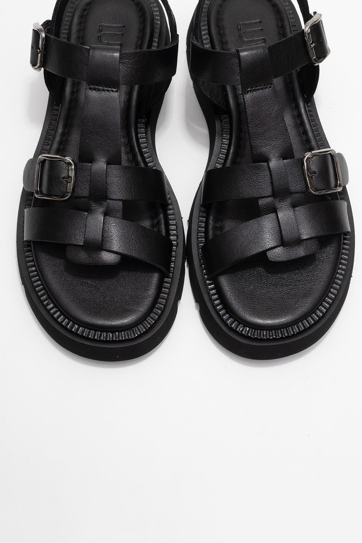 Melvin Black Leather Sandal – side view showing leather, black, red, Vowalisse