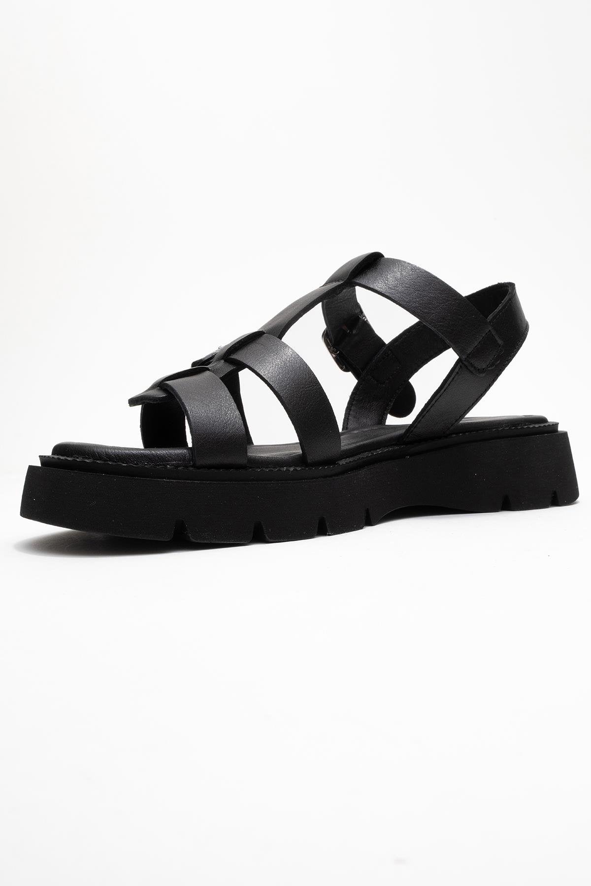 Melvin Black Leather Sandal – heel view showing leather, black, red, Vowalisse