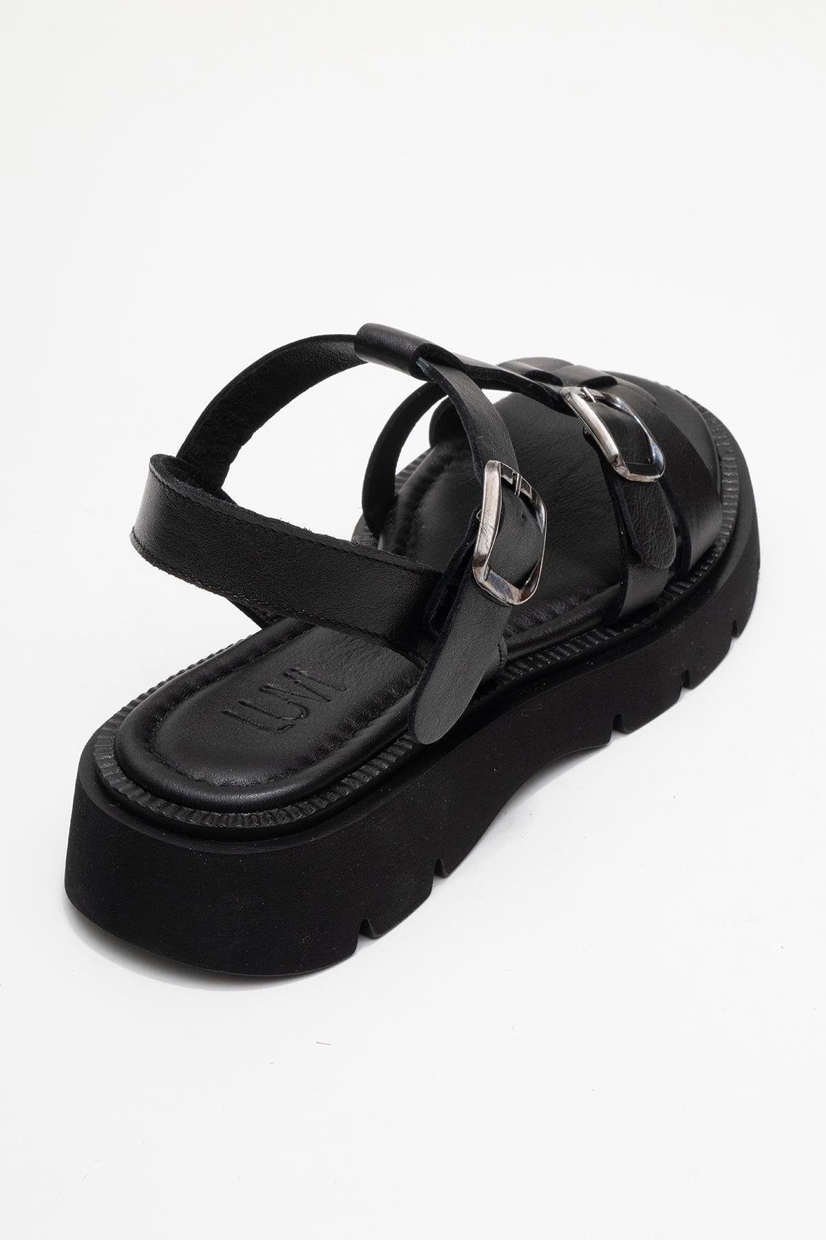 Melvin Black Leather Sandal – back view showing leather, black, red, Vowalisse