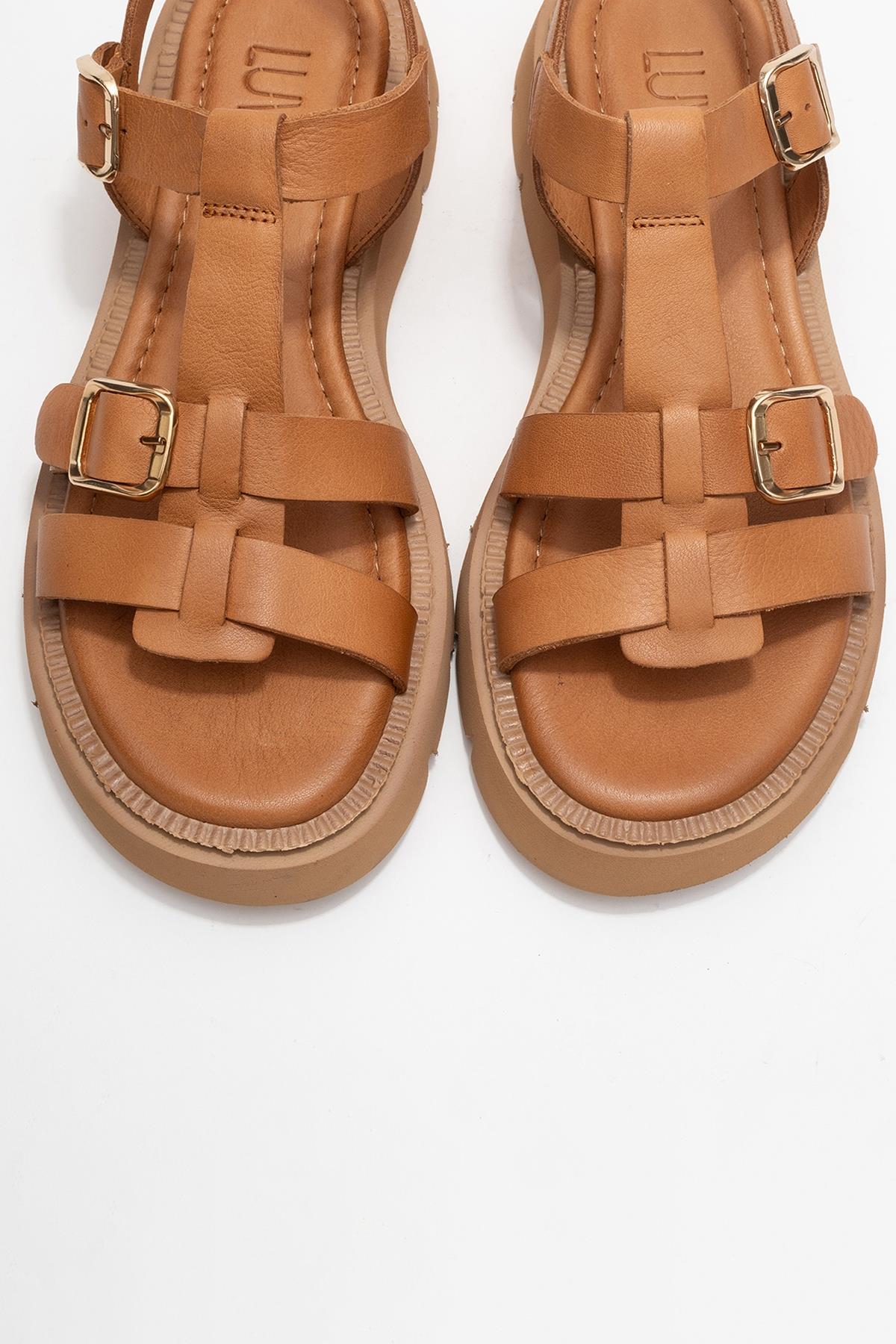 Melvin Cognac Brown Leather Sandal – side view showing leather, red, Vowalisse